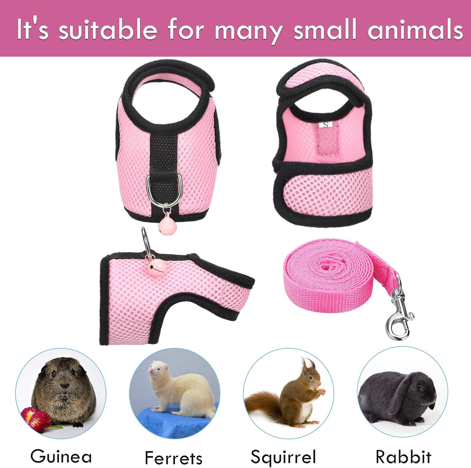 SATINIOR 2 Sets Guinea Pig Harness and Leash Adjustable Soft Mesh Harness Bell No Pulling Comfort Vest for Baby Ferret Rats Hamster Bunny Rabbit Chinchilla and Small Pet (Pink, Blue, S) - Image 3