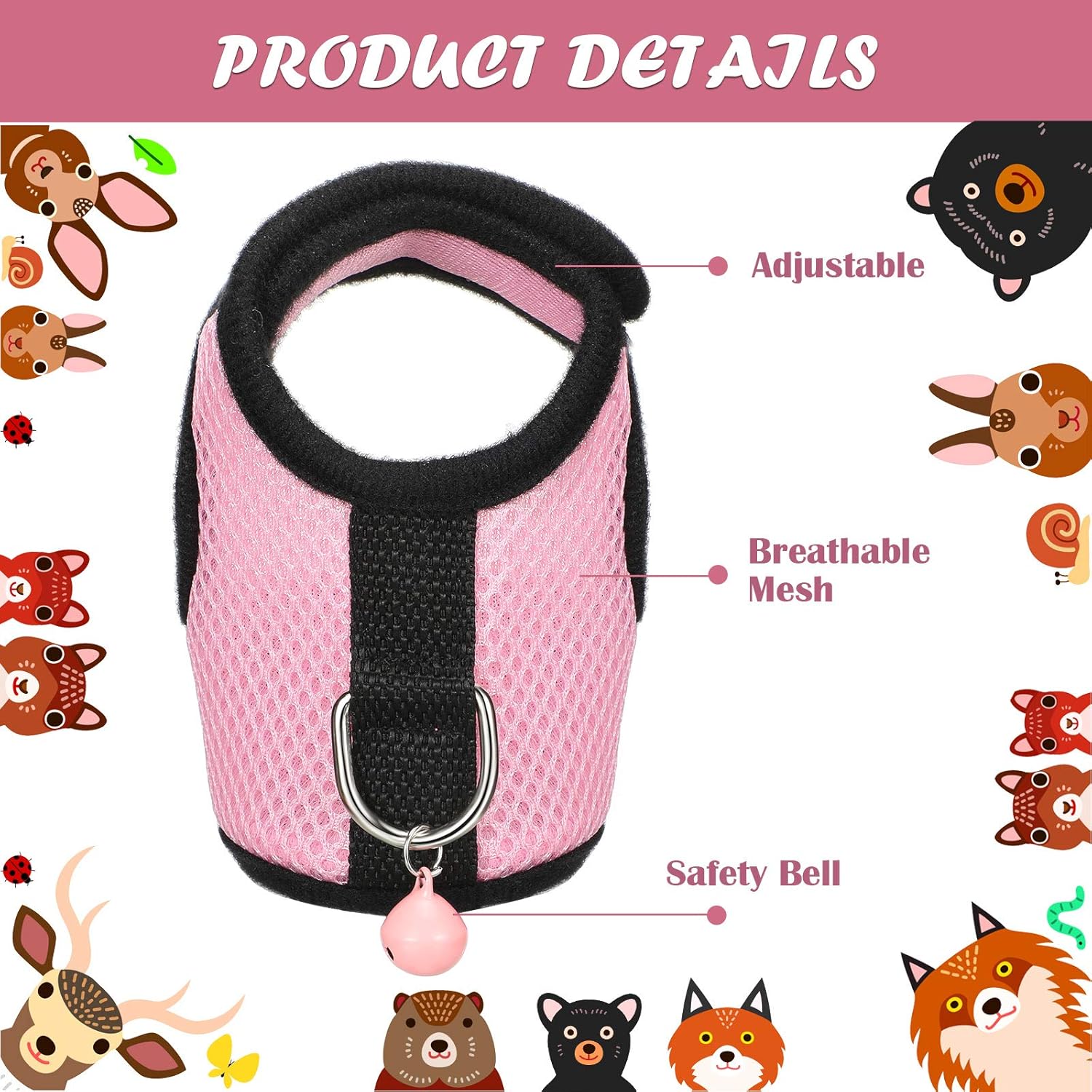 SATINIOR 2 Sets Guinea Pig Harness and Leash Adjustable Soft Mesh Harness Bell No Pulling Comfort Vest for Baby Ferret Rats Hamster Bunny Rabbit Chinchilla and Small Pet (Pink, Blue, S) - Image 6
