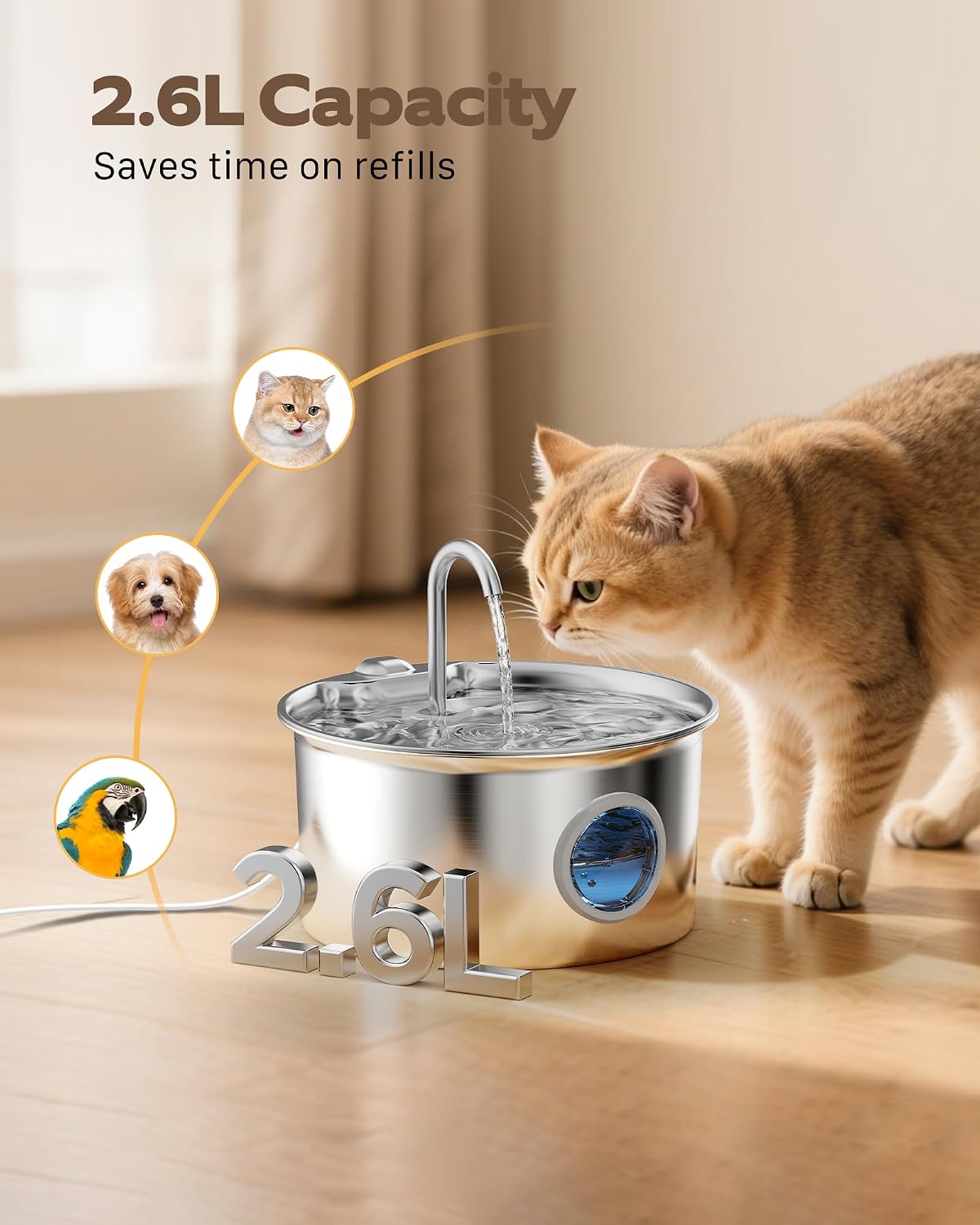 Stainless Steel Cat Water Fountain: Cat Fountain with 6 Filters + 3 Sponges - 88oz/2.6L Pet Water Fountain for Cats Inside - Silent Cats Water Bowl Dispenser - ATMZIQXR Kitty Drinking Fountains - Image 2