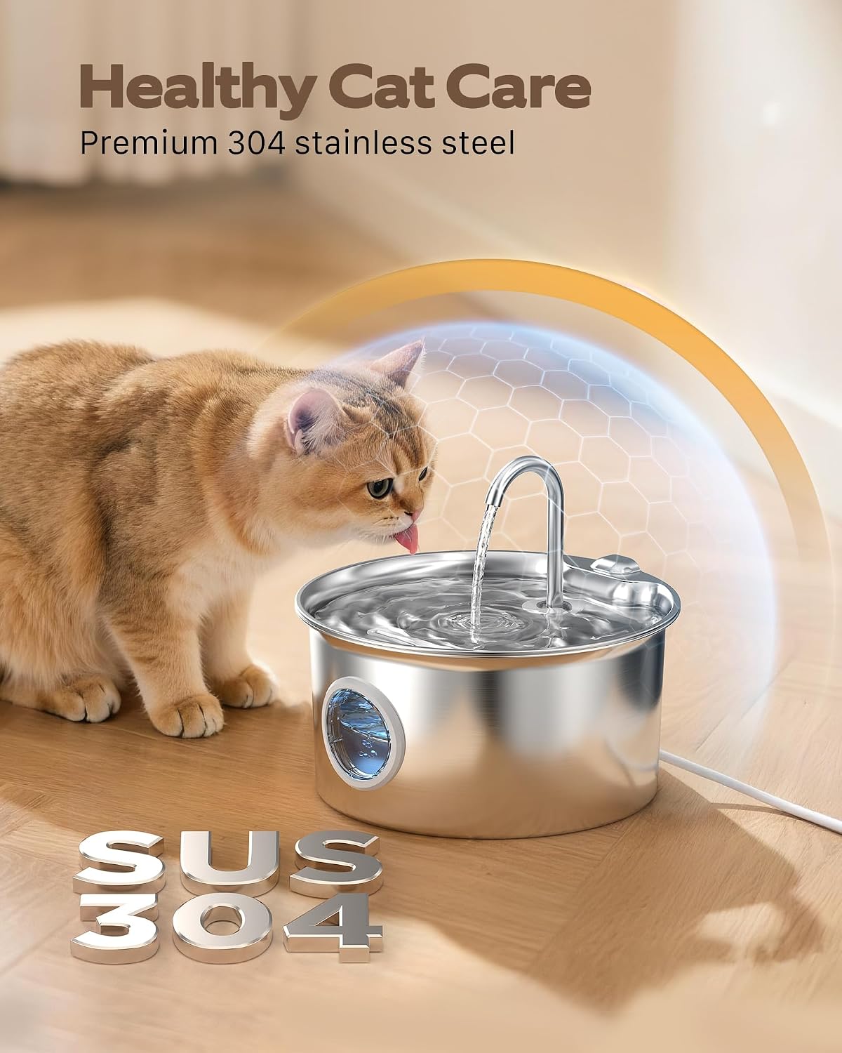 Stainless Steel Cat Water Fountain: Cat Fountain with 6 Filters + 3 Sponges - 88oz/2.6L Pet Water Fountain for Cats Inside - Silent Cats Water Bowl Dispenser - ATMZIQXR Kitty Drinking Fountains - Image 3