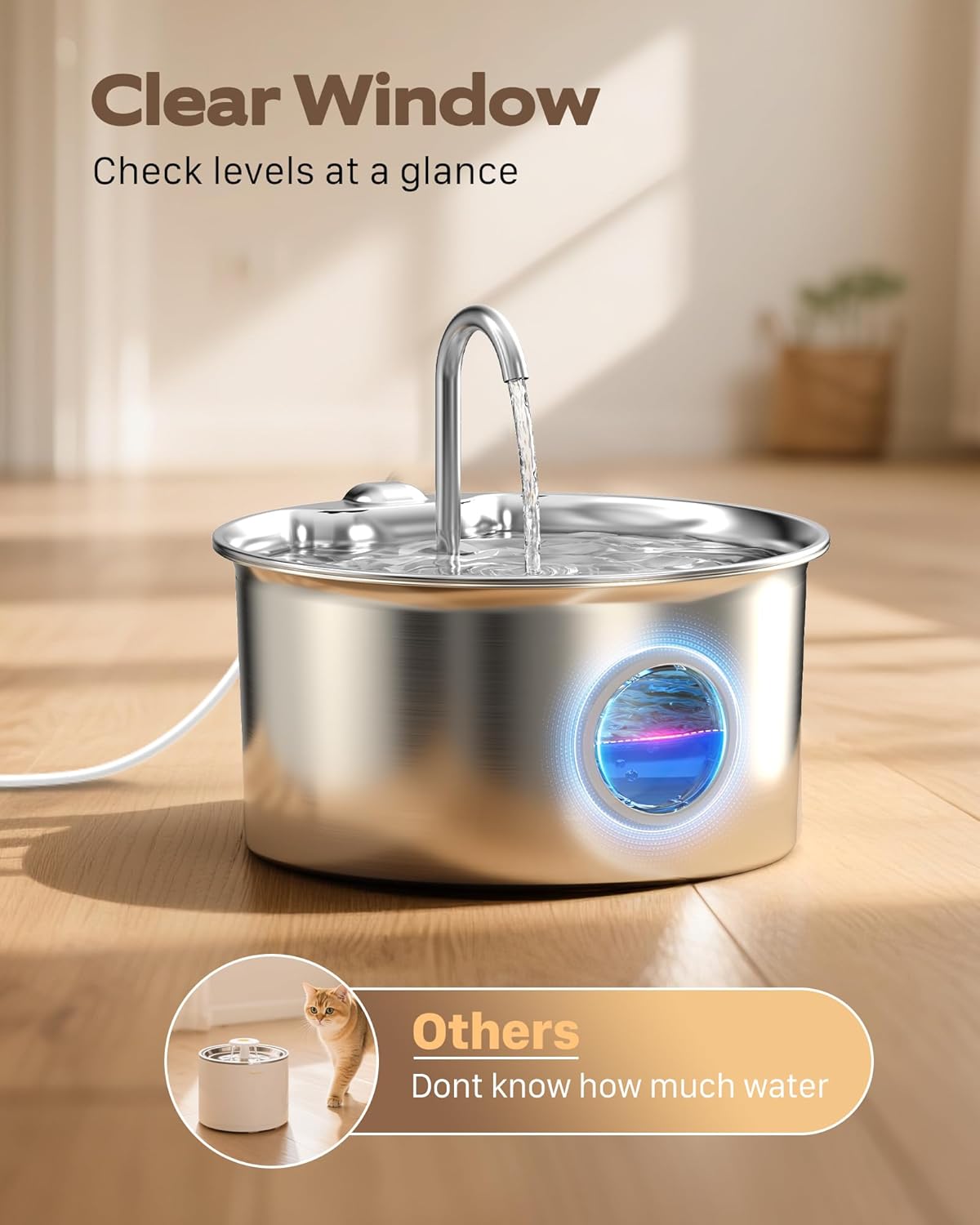 Stainless Steel Cat Water Fountain: Cat Fountain with 6 Filters + 3 Sponges - 88oz/2.6L Pet Water Fountain for Cats Inside - Silent Cats Water Bowl Dispenser - ATMZIQXR Kitty Drinking Fountains - Image 5