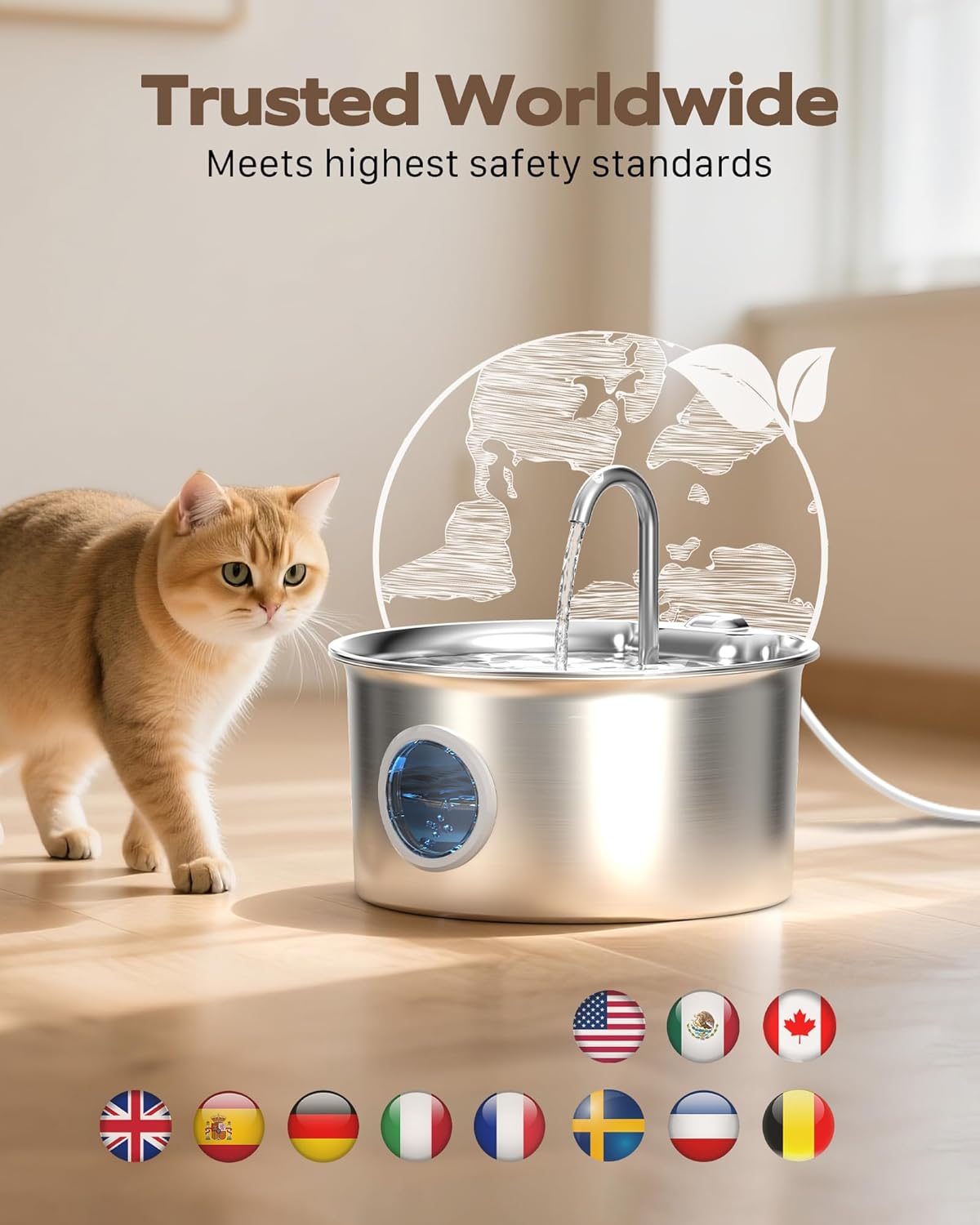 Stainless Steel Cat Water Fountain: Cat Fountain with 6 Filters + 3 Sponges - 88oz/2.6L Pet Water Fountain for Cats Inside - Silent Cats Water Bowl Dispenser - ATMZIQXR Kitty Drinking Fountains - Image 9