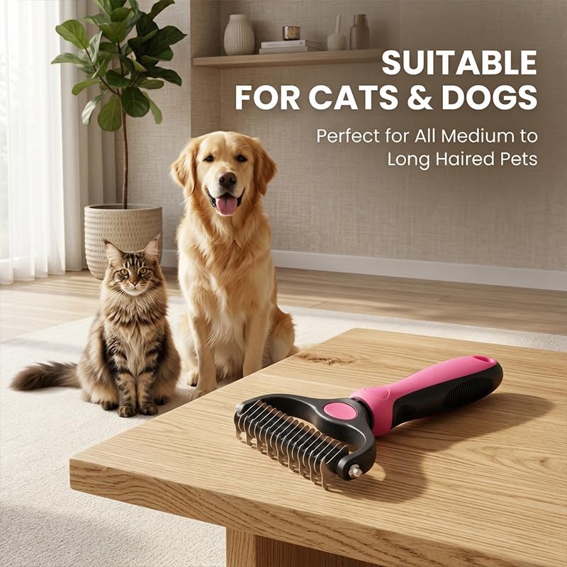 Pet Grooming Tool, Double Sided Dematting Rake, Stainless Steel Deshedding Brush for Dogs & Cats, Undercoat Comb for Removing Loose Fur, Tangles and Knots (Pink-S+L, 1 Pack) - Image 4