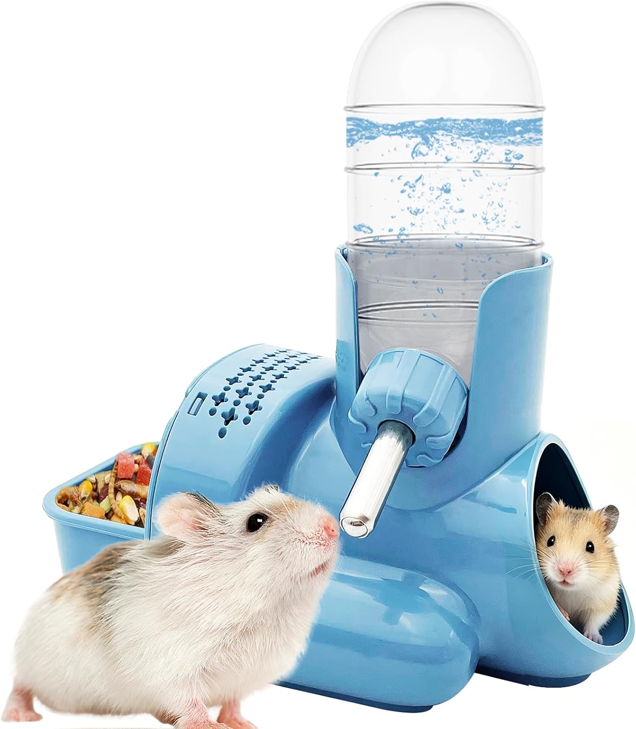 VANNON 3-in-1 Hamster Water Bottle with Food Bowl & Hideout Base, Blue | 3-in-1 feeding station combines water, food and hideout space to help keep hamster cages organized and easy to maintain.