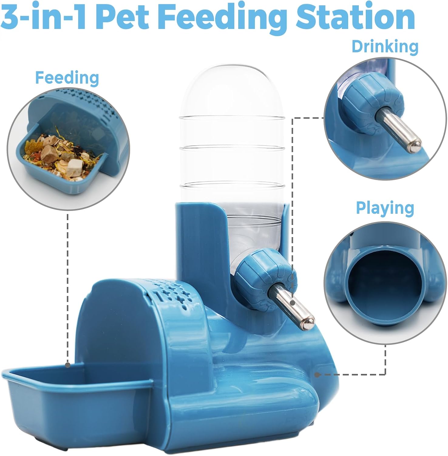 VANNON 3-in-1 Hamster Water Bottle with Food Bowl & Hideout Base, Blue | 3-in-1 feeding station combines water, food and hideout space to help keep hamster cages organized and easy to maintain. - Image 2
