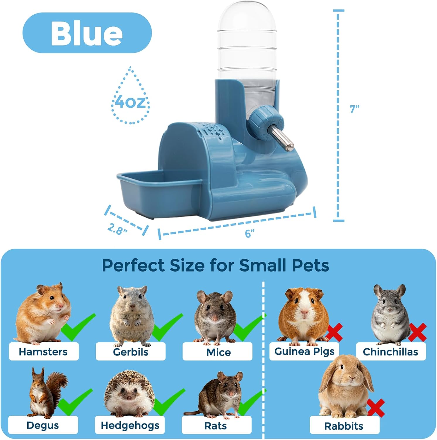 VANNON 3-in-1 Hamster Water Bottle with Food Bowl & Hideout Base, Blue | 3-in-1 feeding station combines water, food and hideout space to help keep hamster cages organized and easy to maintain. - Image 6