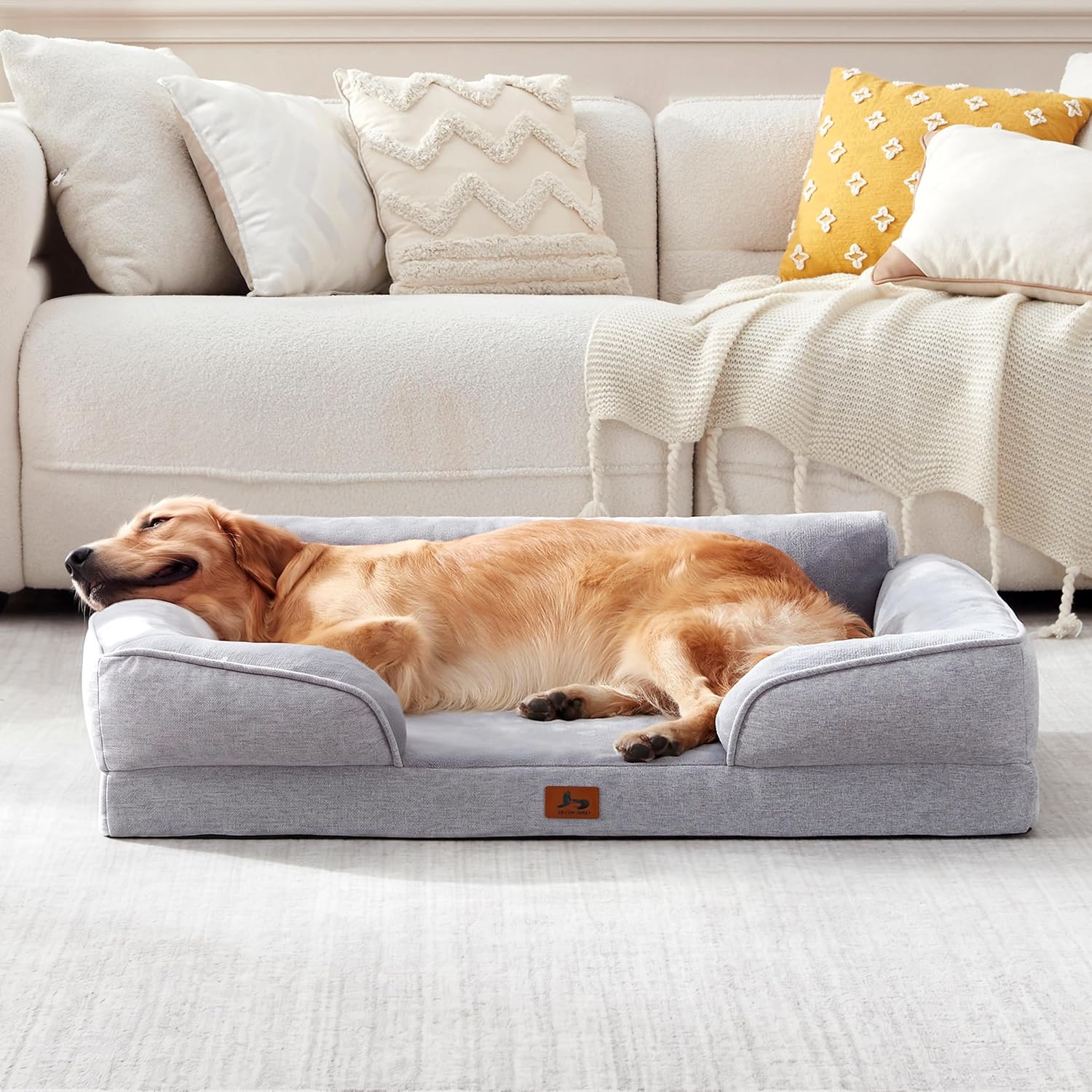 Orthopedic Dog Beds for Large Dogs, Waterproof XL Pet Couch Bed with Soft Sides, Washable Dog Sofa with Flannel Removable Cover, 42" L Supportive Egg-Crate Foam Pet Sofa, Light Grey - Image 5