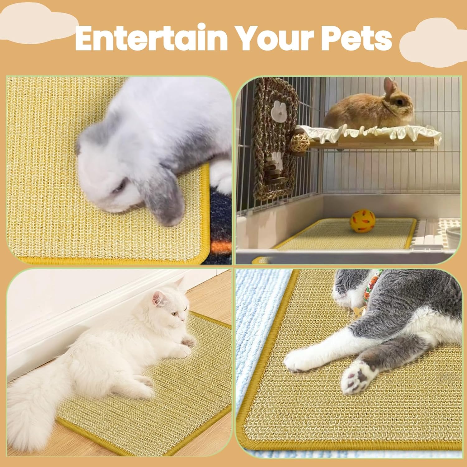 DYAUS Rabbit Scratching Pad, Sisal Bunny Scratch Pad, Natural Rabbit Foraging Mats for Cages, Indoor Bunny Toys Accessories for Bedding Biting Sleeping Resting (2PCS, 16x12in) - Image 7