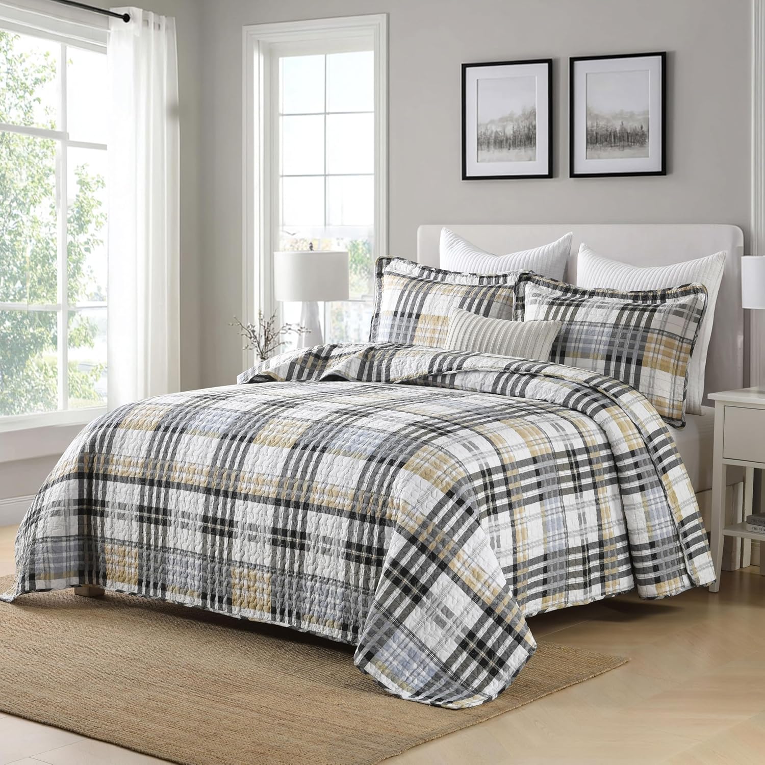 Quilt King Size, 100% Cotton King Size Comforter Set,Grey Brown Black White Bedding Sets, Brown Gingham Comforter Set, Farmhouse King Size Bed Set Lightweight All Season - Image 2