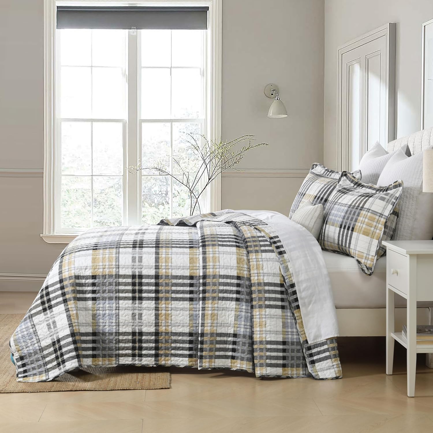 Quilt King Size, 100% Cotton King Size Comforter Set,Grey Brown Black White Bedding Sets, Brown Gingham Comforter Set, Farmhouse King Size Bed Set Lightweight All Season - Image 3