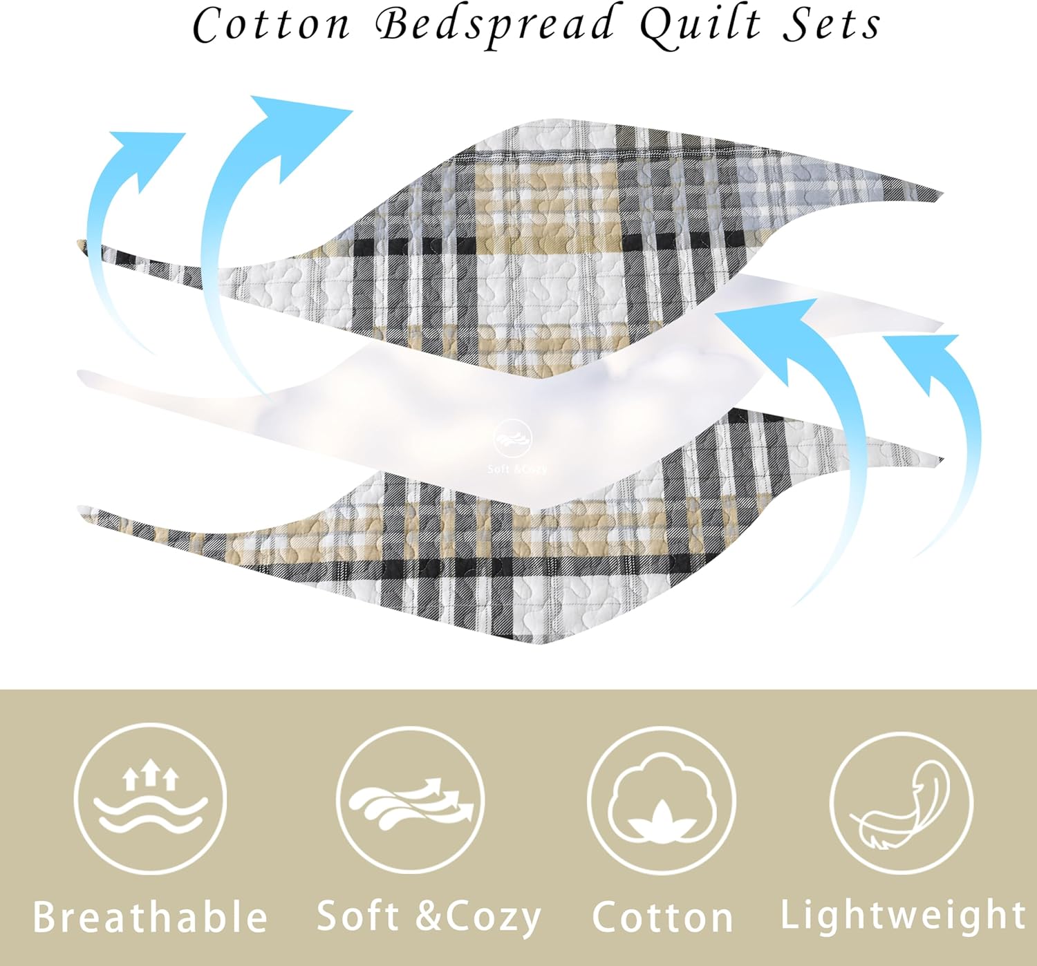 Quilt King Size, 100% Cotton King Size Comforter Set,Grey Brown Black White Bedding Sets, Brown Gingham Comforter Set, Farmhouse King Size Bed Set Lightweight All Season - Image 4