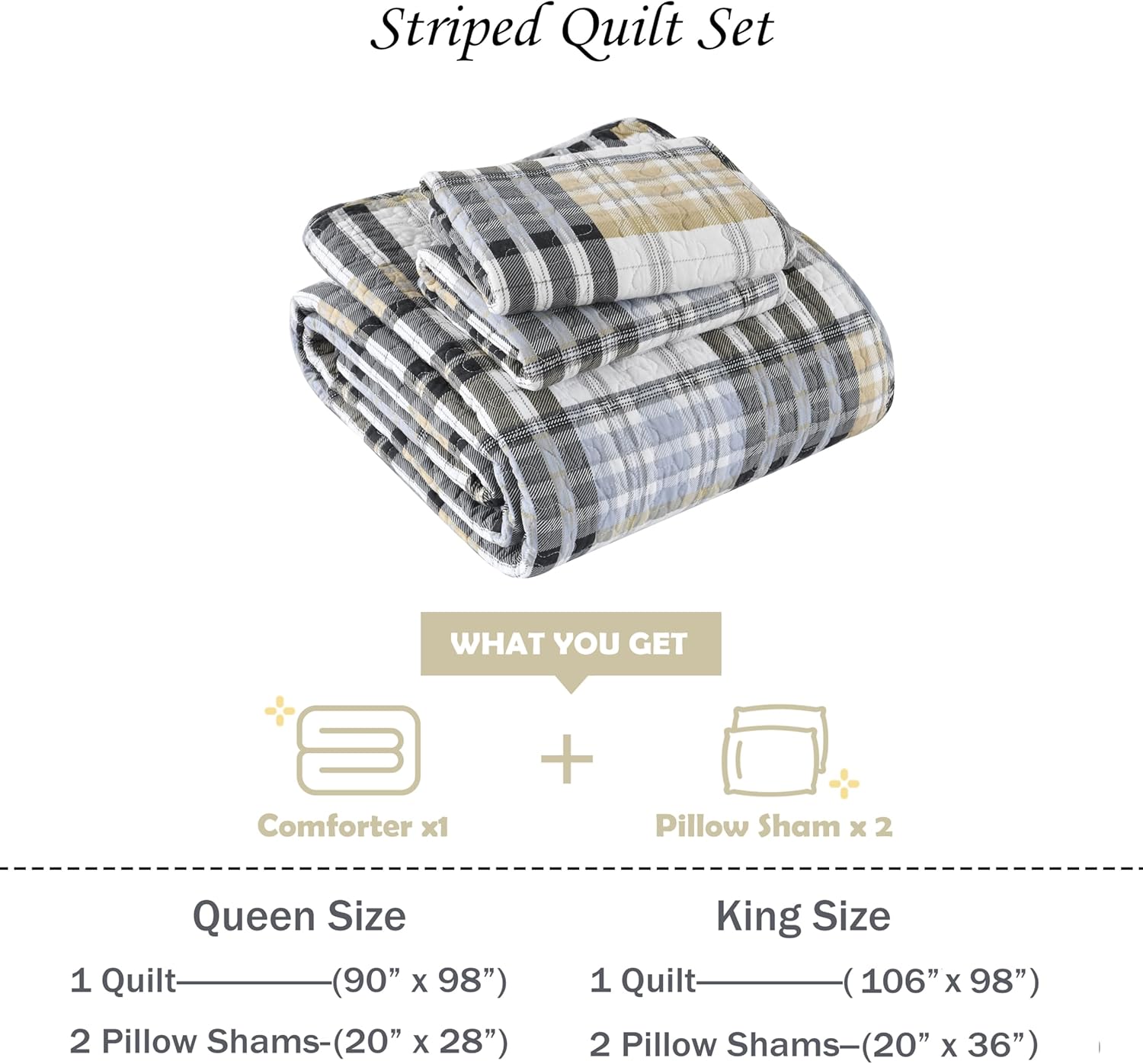 Quilt King Size, 100% Cotton King Size Comforter Set,Grey Brown Black White Bedding Sets, Brown Gingham Comforter Set, Farmhouse King Size Bed Set Lightweight All Season - Image 6
