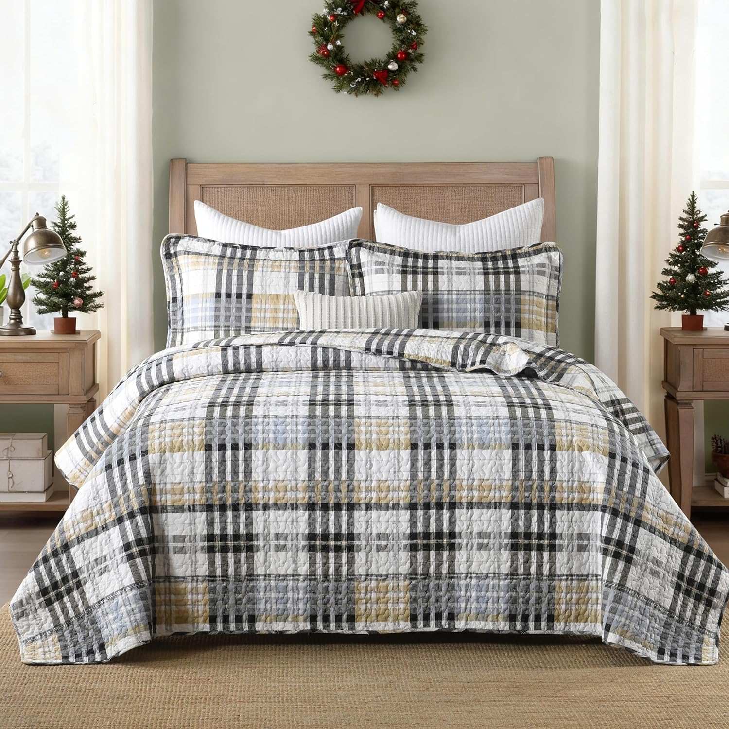 Quilt King Size, 100% Cotton King Size Comforter Set,Grey Brown Black White Bedding Sets, Brown Gingham Comforter Set, Farmhouse King Size Bed Set Lightweight All Season - Image 8