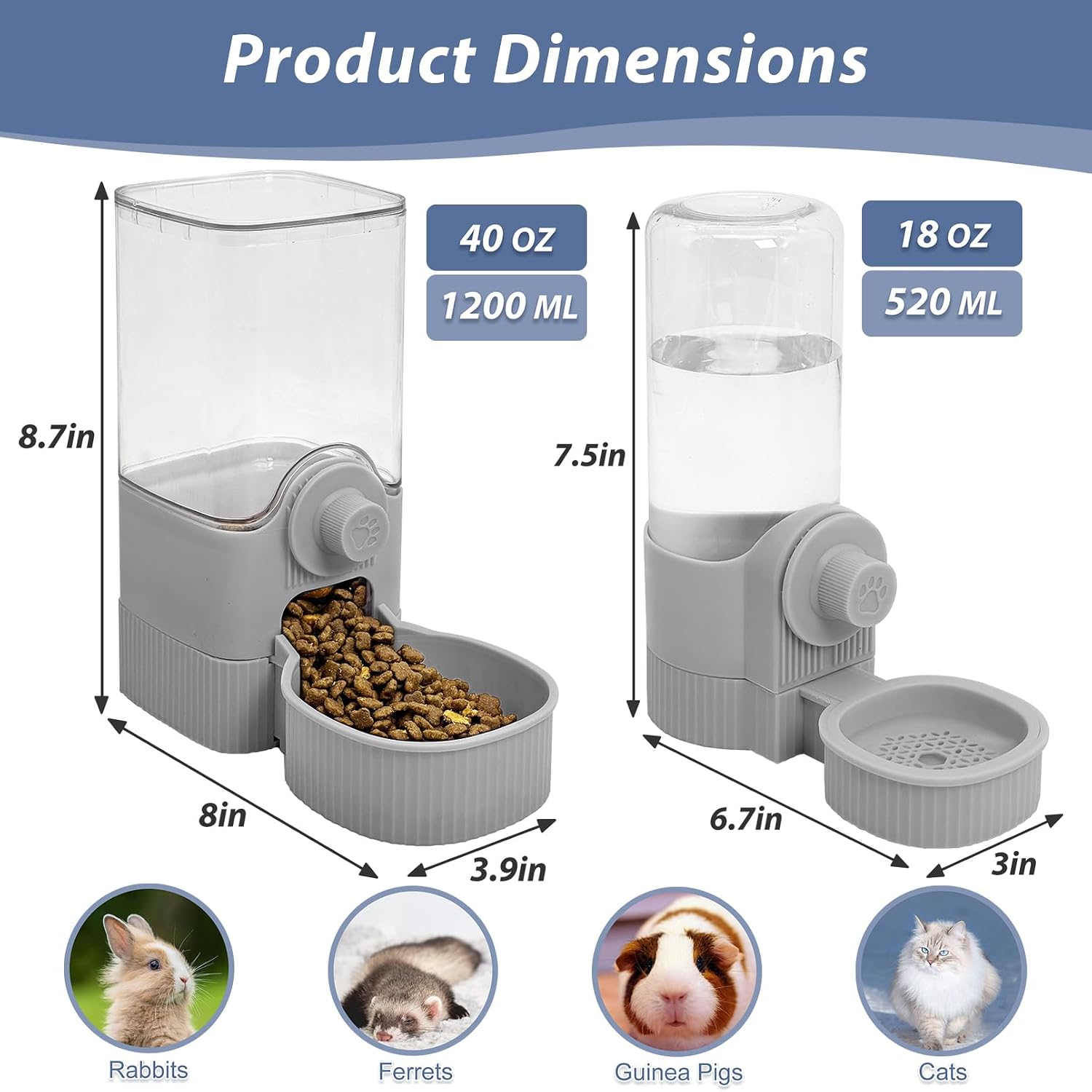 Fhiny Rabbit Food & Water Dispenser, Large Capacity Gravity Guinea Pig Feeder and Waterer Set Hanging Automatic Bunny Feeder for Cage for Bunny Guinea Pig Chinchilla Ferret Cat Puppy - Image 3
