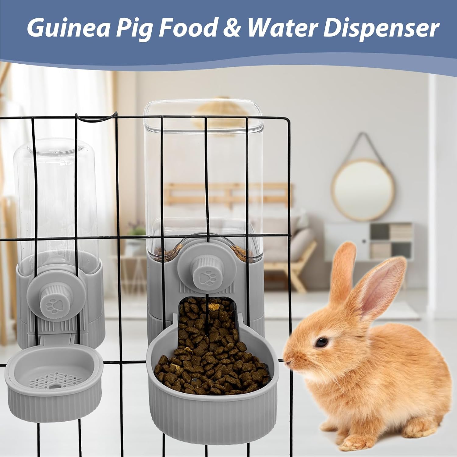 Fhiny Rabbit Food & Water Dispenser, Large Capacity Gravity Guinea Pig Feeder and Waterer Set Hanging Automatic Bunny Feeder for Cage for Bunny Guinea Pig Chinchilla Ferret Cat Puppy - Image 4