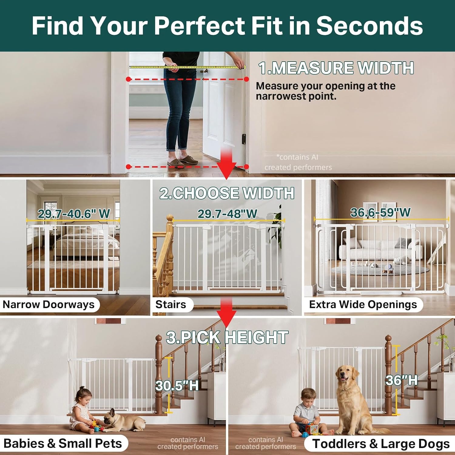 Cumbor 29.7–51.5" Extra Wide Baby Gate for Stairs, Pressure-Mounted Dog Gates for Doorways & Hallways, Auto-Close Walk-Through, No-Trip Design, Child Proof Safety, Dog/Pet Gate for Indoor Use, White - Image 3