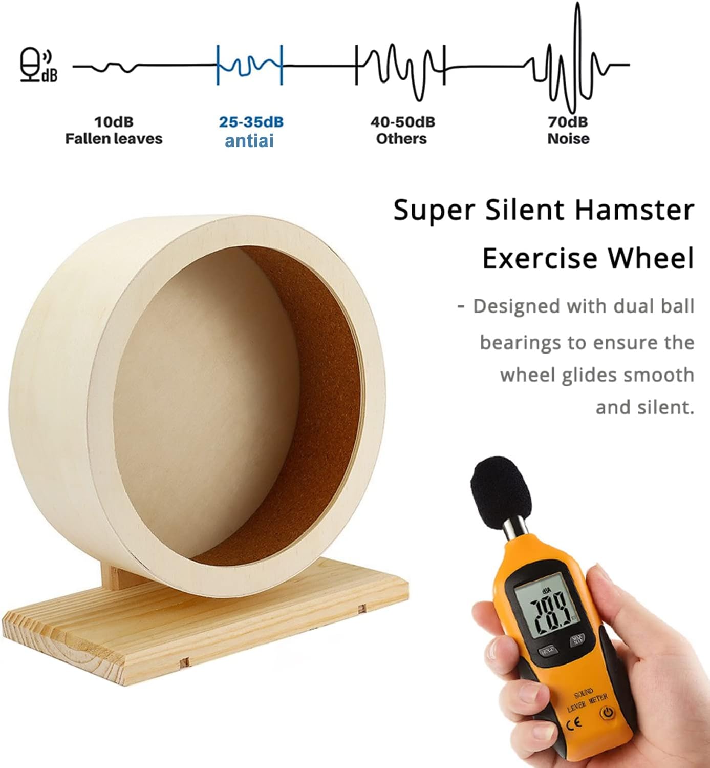 antiai Hamster Wooden Silent Wheel, Small Animal Exercise Wheel Accessories, Quiet Spinner Hamster Running Wheels Prevent Depression Toys for Hamsters, Gerbils, Mice and Other Small Pets (S) - Image 3