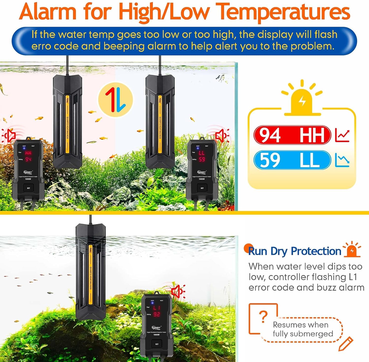 hygger 300W Aquarium Heater with Controller, Adjustable & Submersible Fish Tank Heater with Digital Display Safety Triple Protection Beeping Alarm for Saltwater and Freshwater 40-80 Gallon - Image 3