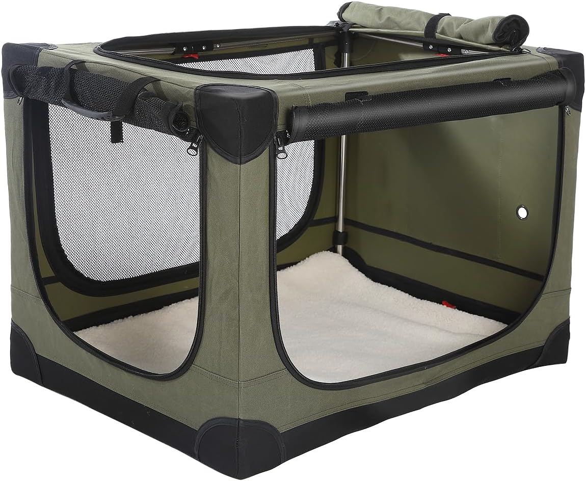 24 x 17 x 17 Inch Collapsible Soft Dog Crate for Dogs Up to 30 lbs, Portable Travel Pet Kennel with 4 Zip Doors, Foldable Indoor Outdoor Crate with Mat, Carry Bag, Green