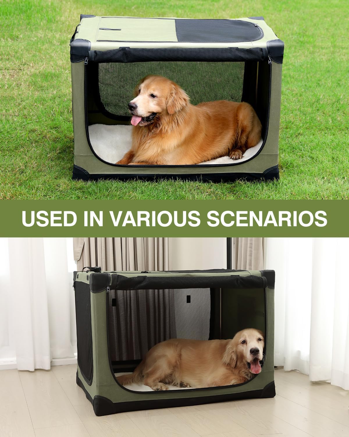 24 x 17 x 17 Inch Collapsible Soft Dog Crate for Dogs Up to 30 lbs, Portable Travel Pet Kennel with 4 Zip Doors, Foldable Indoor Outdoor Crate with Mat, Carry Bag, Green - Image 4