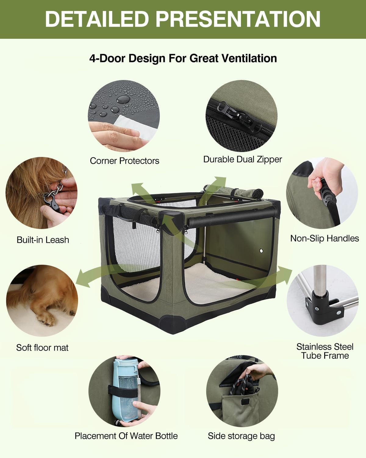 24 x 17 x 17 Inch Collapsible Soft Dog Crate for Dogs Up to 30 lbs, Portable Travel Pet Kennel with 4 Zip Doors, Foldable Indoor Outdoor Crate with Mat, Carry Bag, Green - Image 7