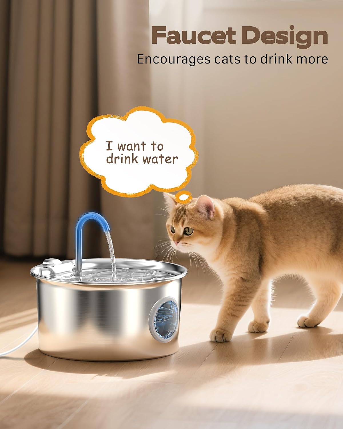 Pet Water Fountain Stainless Steel: Mental Cat Water Fountains with 8 Filters + 8 Sponges - 88oz/2.6L Noiseless Cats Waterer Bowl Dispenser - ATMZIQXR Kitten Drinking Fountains for Cats Indoor - Image 5