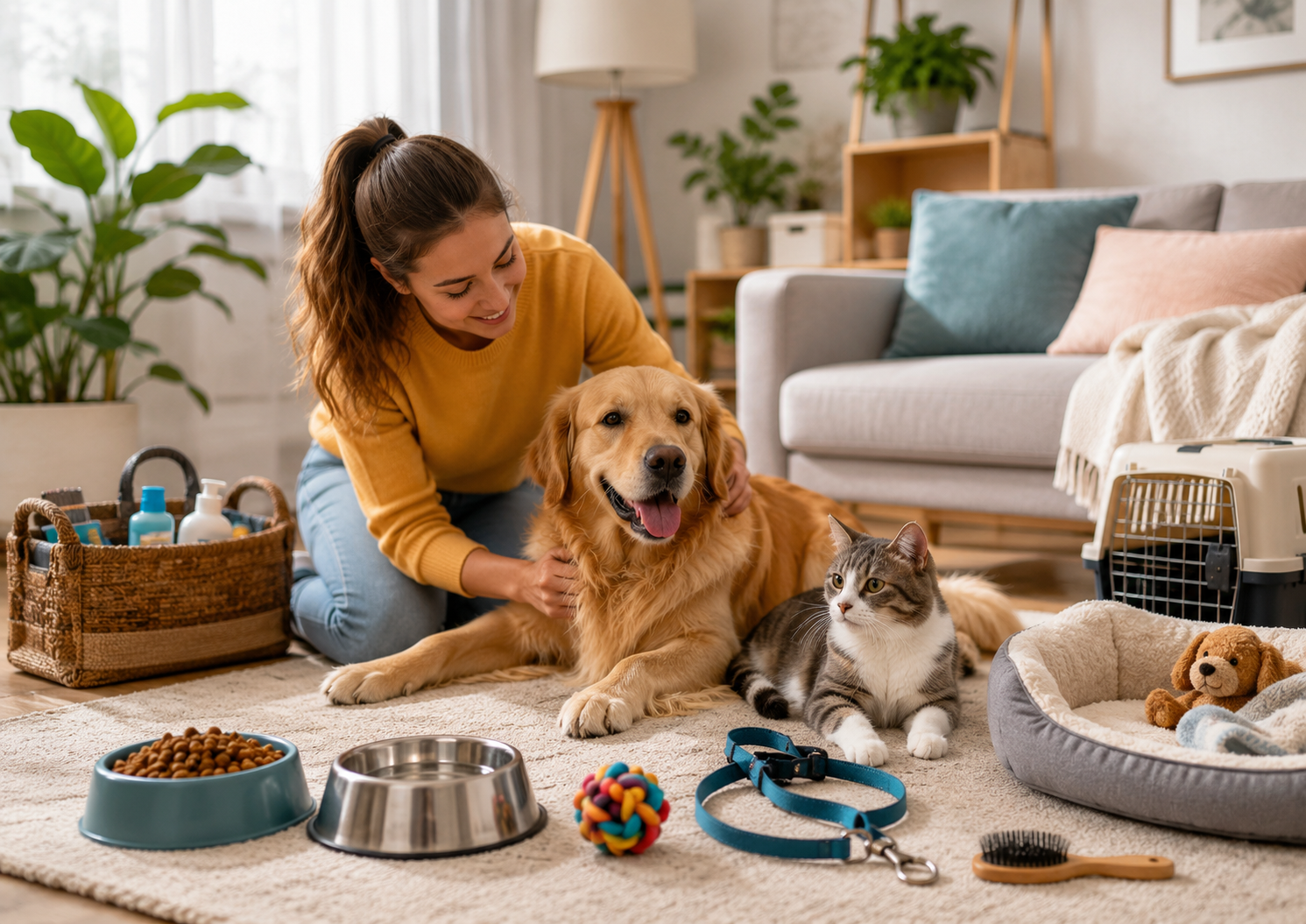 Happy dog and cat resting together