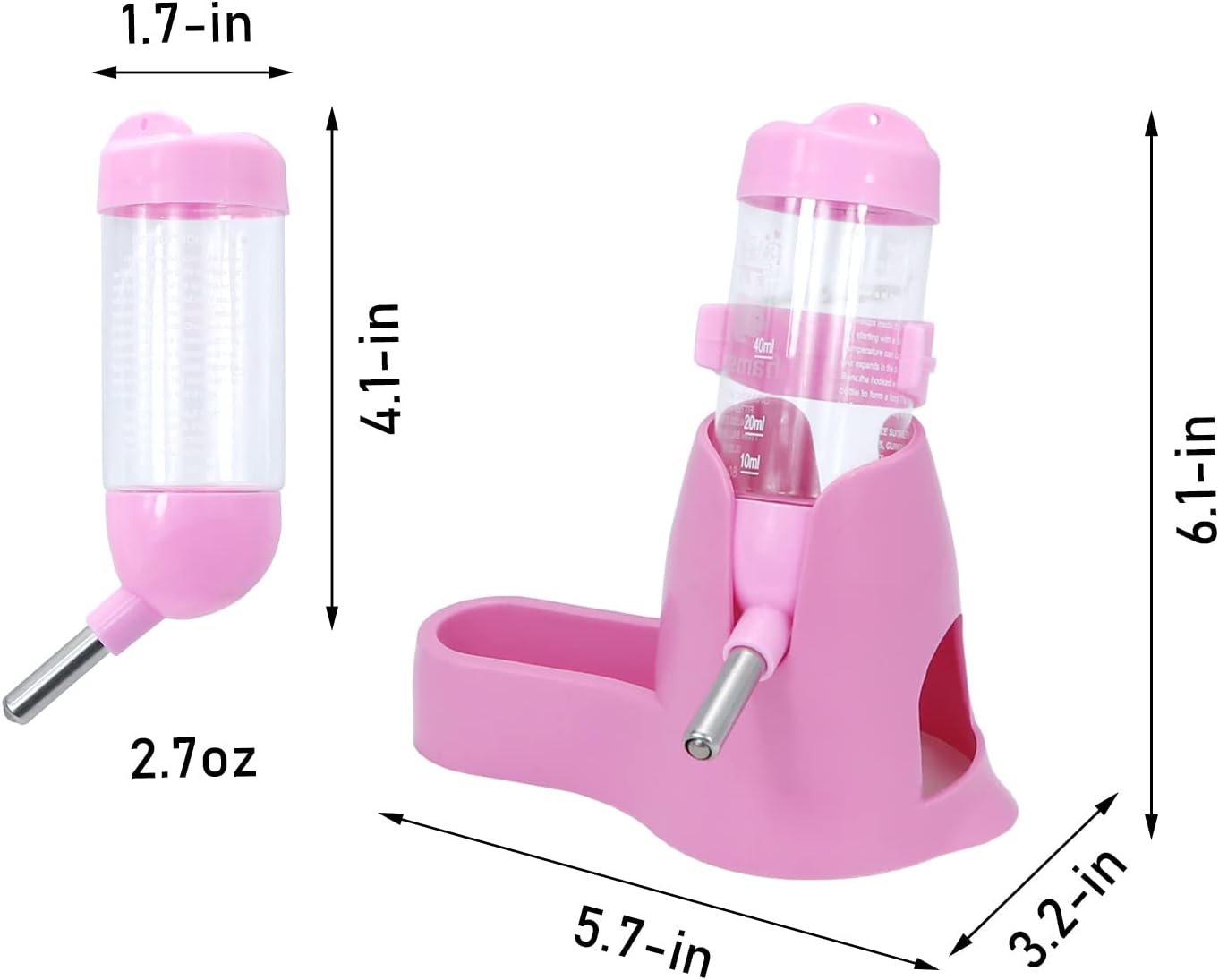 3 in 1 Hamster Hanging Water Bottle Pet Auto Dispenser with Base for Dwarf Hamster Mouse Rat Hedgehog (80ML, Pink) - Image 4