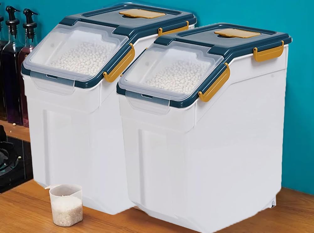 Saim 50 lbs Rice & Flour Storage Container 2 Pack Airtight BPA-Free Plastic Dispenser Bin with Wheels, Locking Lid, Measuring Cup & Scoop for Dry Food, Sugar, Baking Supplies, Grain Holder (Dark Blue) - Image 7