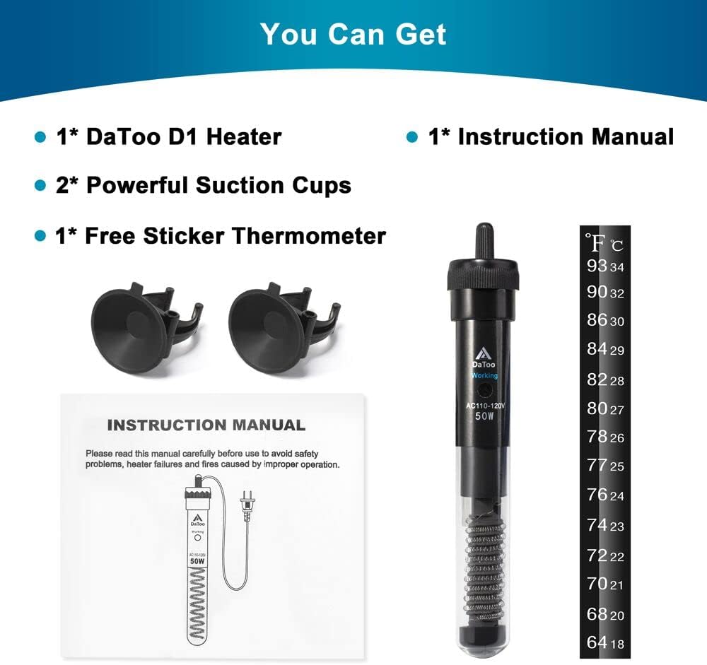 DaToo Aquarium Heater Adjustable 50W Submersible Fish Tank Heater with Electronic Chip Thermostat Suitable for Marine Saltwater and Freshwater - Image 7