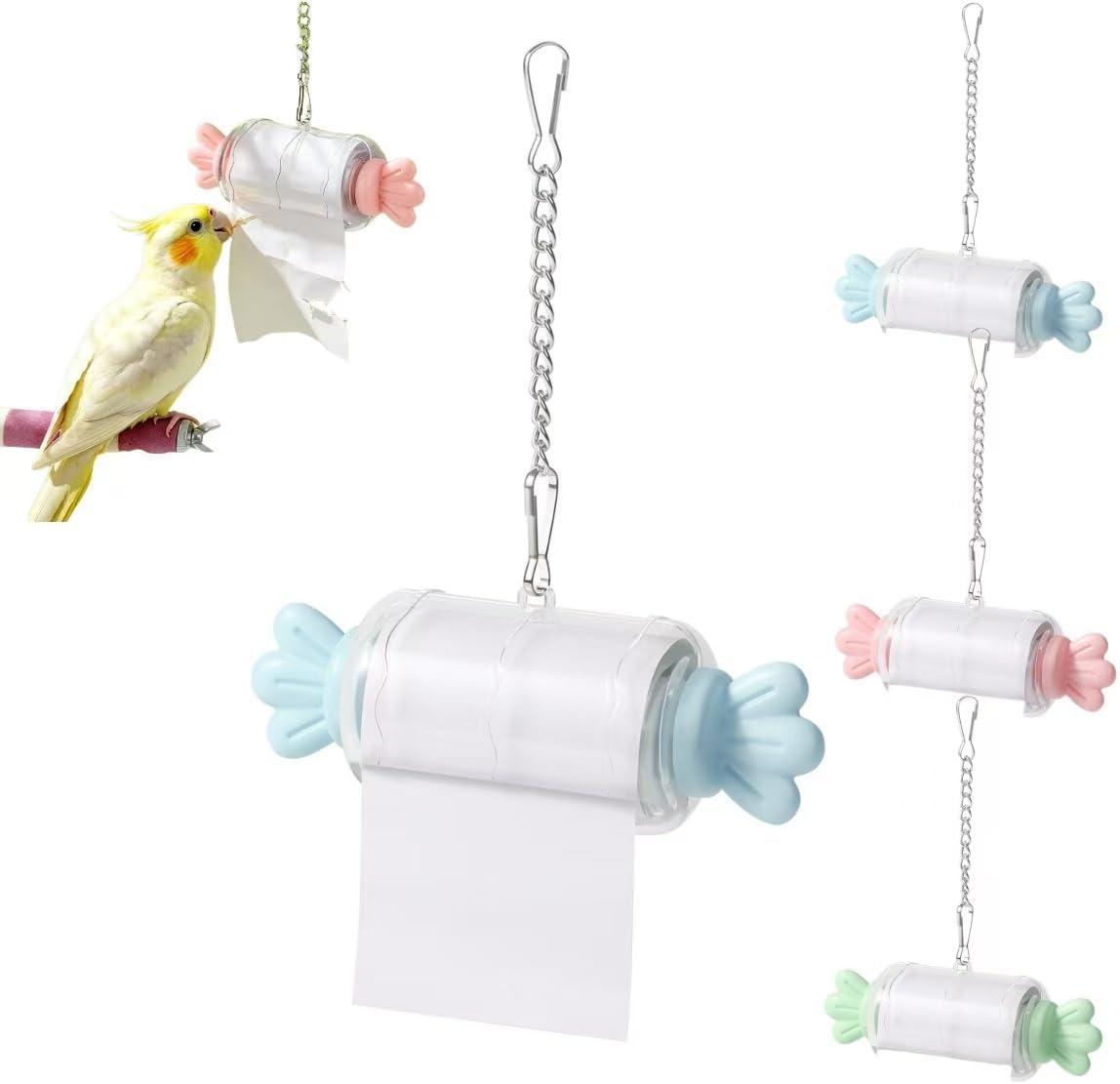 Parrot Shredding Toy Candy Roll Paper Holder, Safe Wood Pulp Chew Toys for Birds Cage Accessories, Hanging Interactive Foraging Toy for Cockatiel Conure Parakeet Budgie