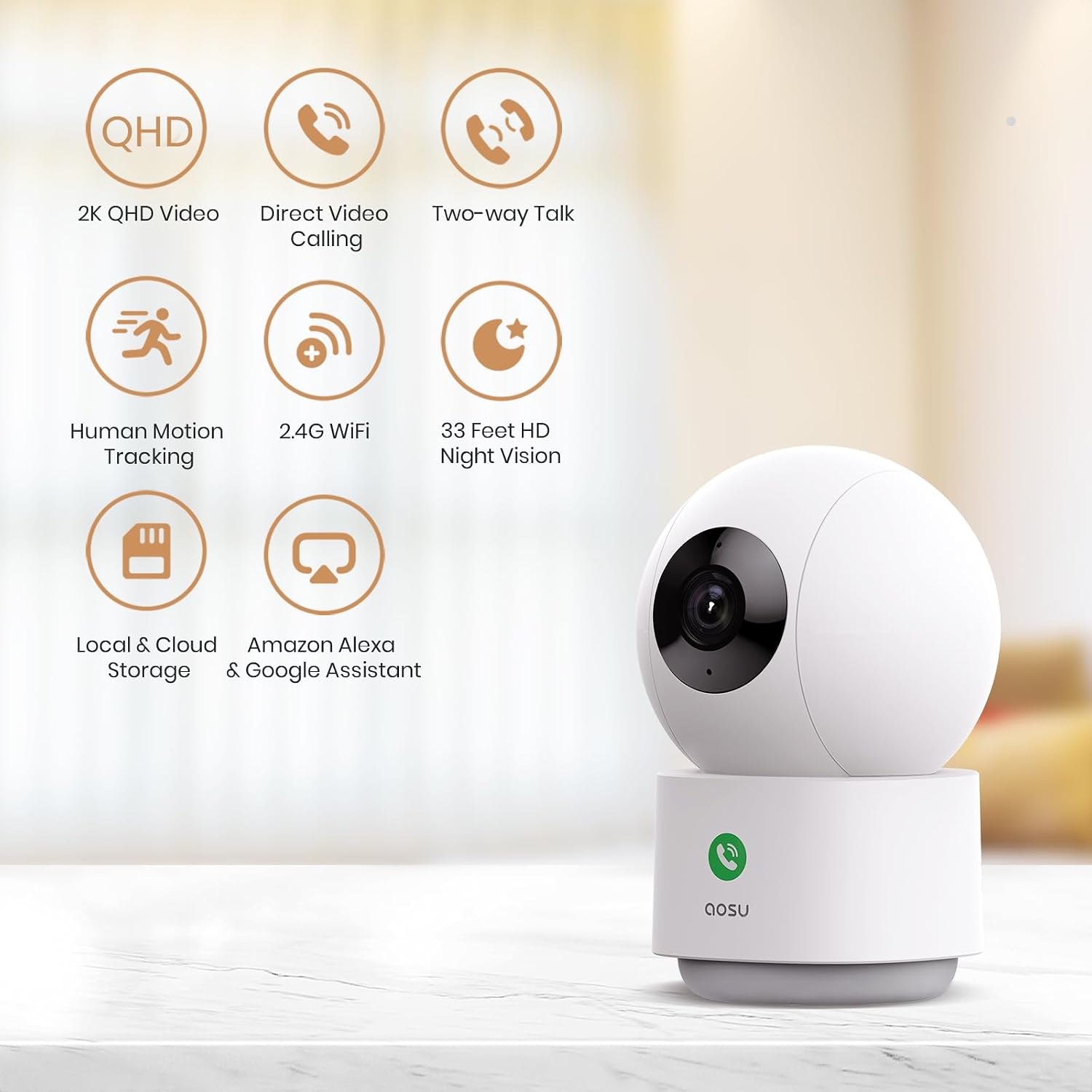 aosu 2K Security Camera Indoor, Baby Monitor Pet Camera 360-Degree for Home Security with 2.4 GHz Wi-Fi Router, One-Touch Call, Smart Motion Tracking, IR Night Vision, Compatible with Alexa - Image 6