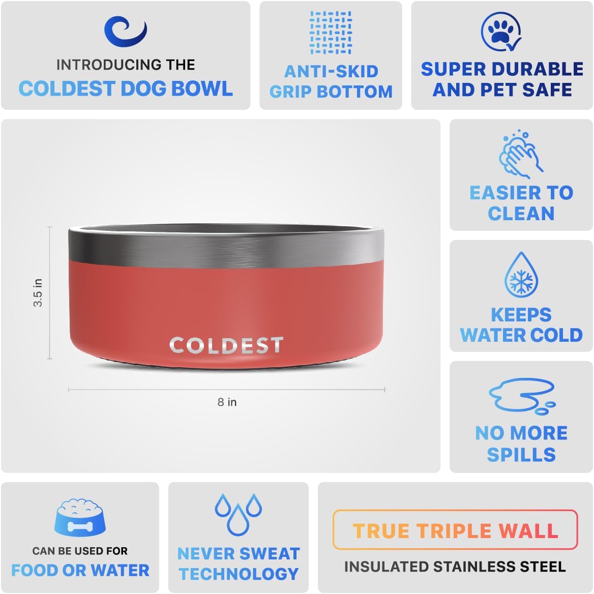 Coldest Dog Bowl - Anti Rust Metal, Non Slip, 3 Layers Insulated Stainless Steel Dog Bowls - Spill Proof & Heavy Duty - Water Bowl for Dogs, Cats & Pets, Dish Washer Safe (64 oz, Crimson Red) - Image 5