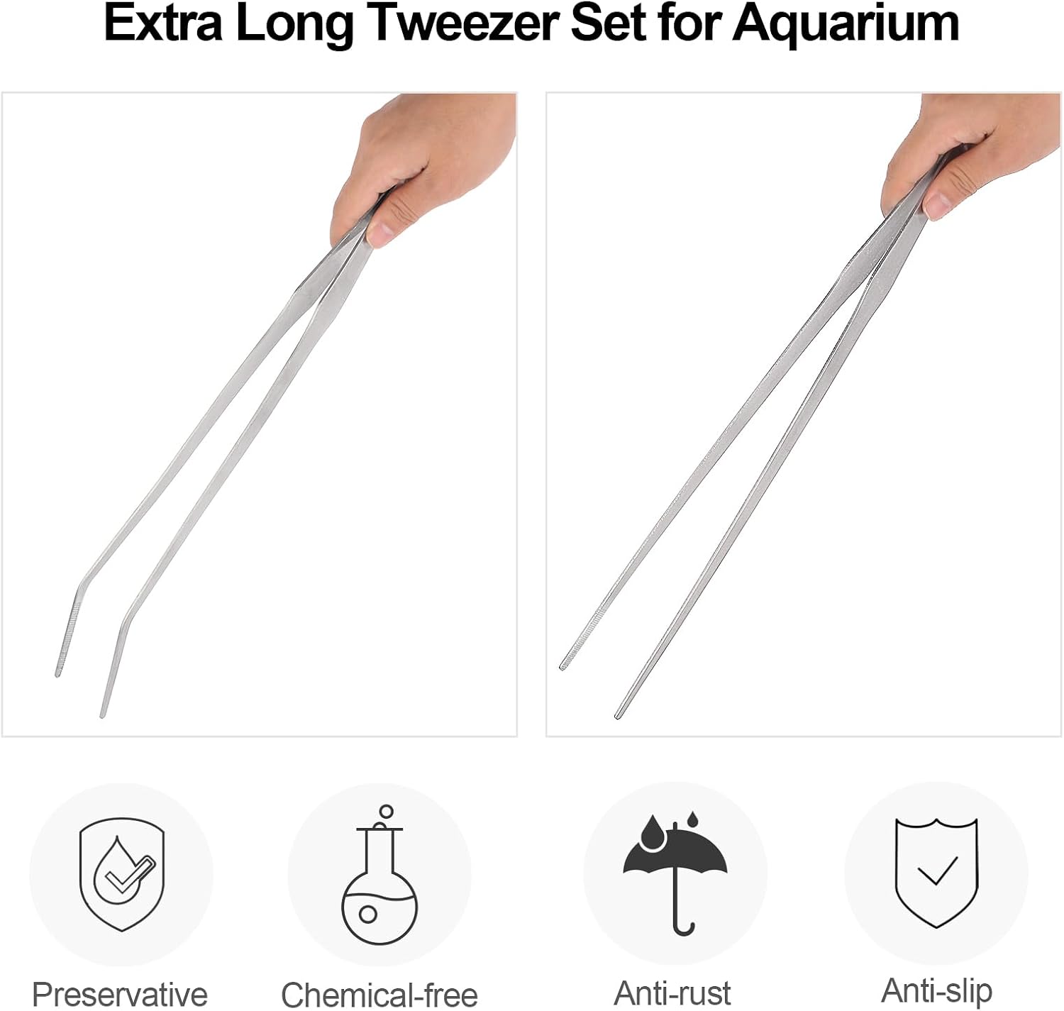 Aquarium Tweezers Extra Long 15 inches Feed Tong clamps - FEITA Straight and Curved Stainless Steel 38cm Tweezers Set for Fish Tank Plants Aquascape Tools & Reptile Feeding Tongs - Sliver 2Pcs - Image 3