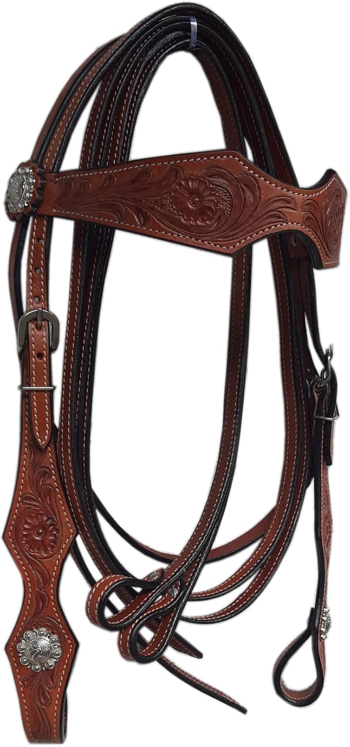 Western Leather Horse Headstall and Reins Combo Natural Antique Tooling, Quick Bit Change Adjustable Browband Headstall and Free Size Reins for Horses - Image 4