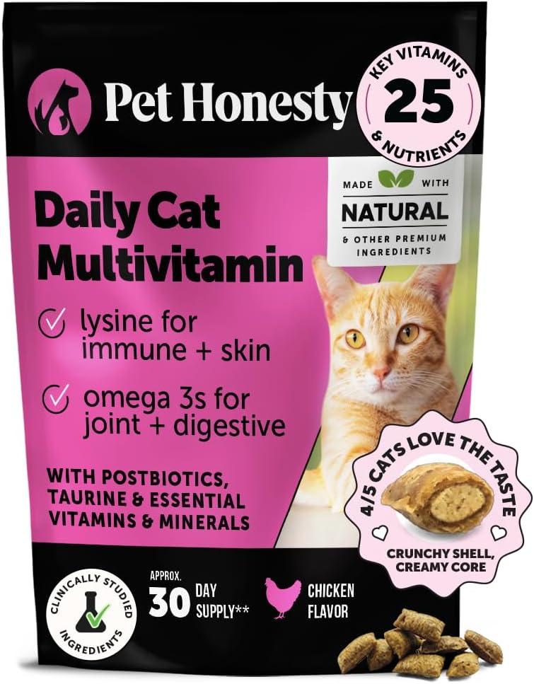 Cat Multivitamin Crunchy Creamy Chews - Daily Cat Vitamins with Lysine, Prebiotics, Omega 3 Fish Oil - Cat Treats for Immune Support, Skin Coat, Digestion, Heart + Joint Health (30-Day Supply)