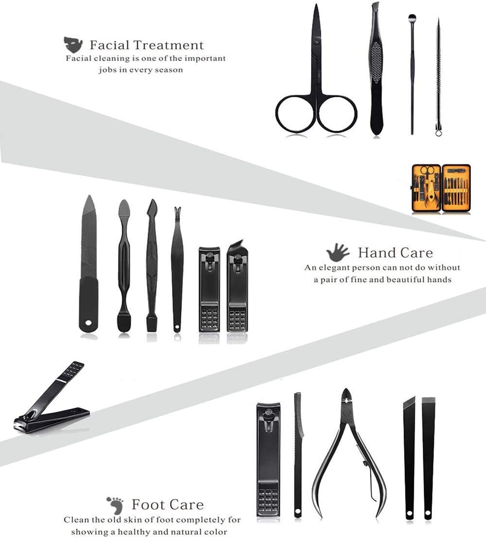 Professional Stainless Steel Nail Clipper Travel & Grooming Kit Nail Tools Manicure & Pedicure Set of 15pcs with Luxurious Case (Black/Yellow) - Image 3
