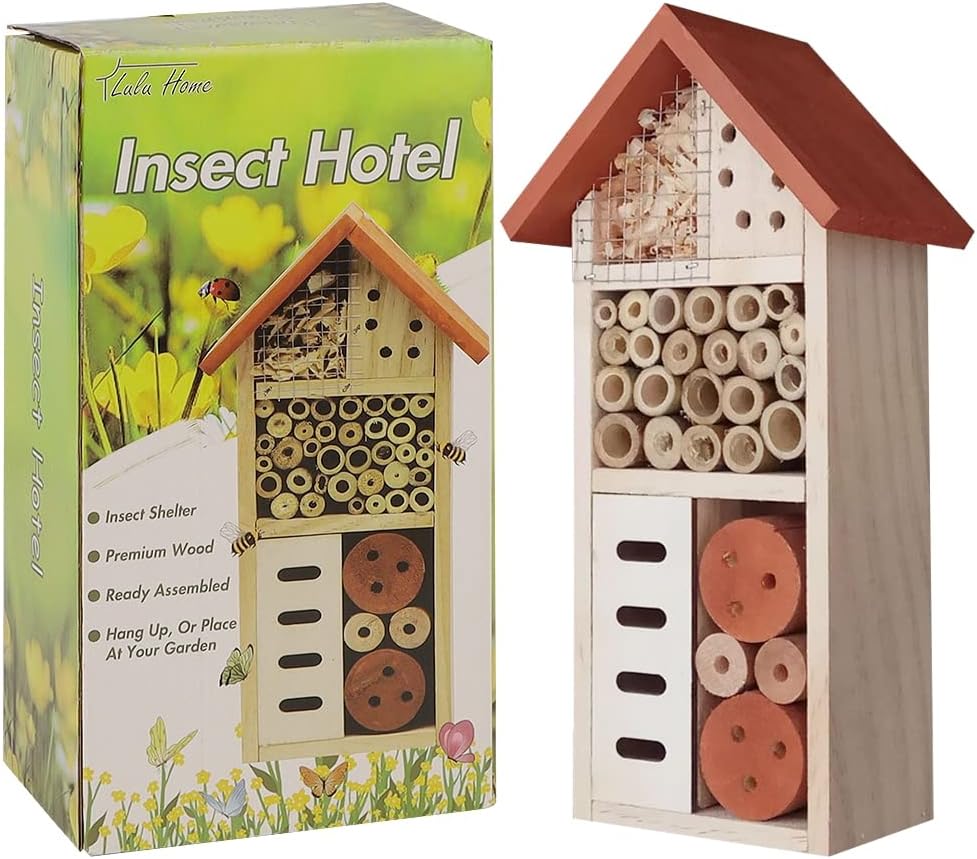 Lulu Home Wooden Insect House, Hanging Insect Hotel for Bee, Butterfly, Ladybirds, Beneficial Insect Habitat, Bug Hotel Garden, 10.4 X 3.4 X 5.4 Inch - Image 2