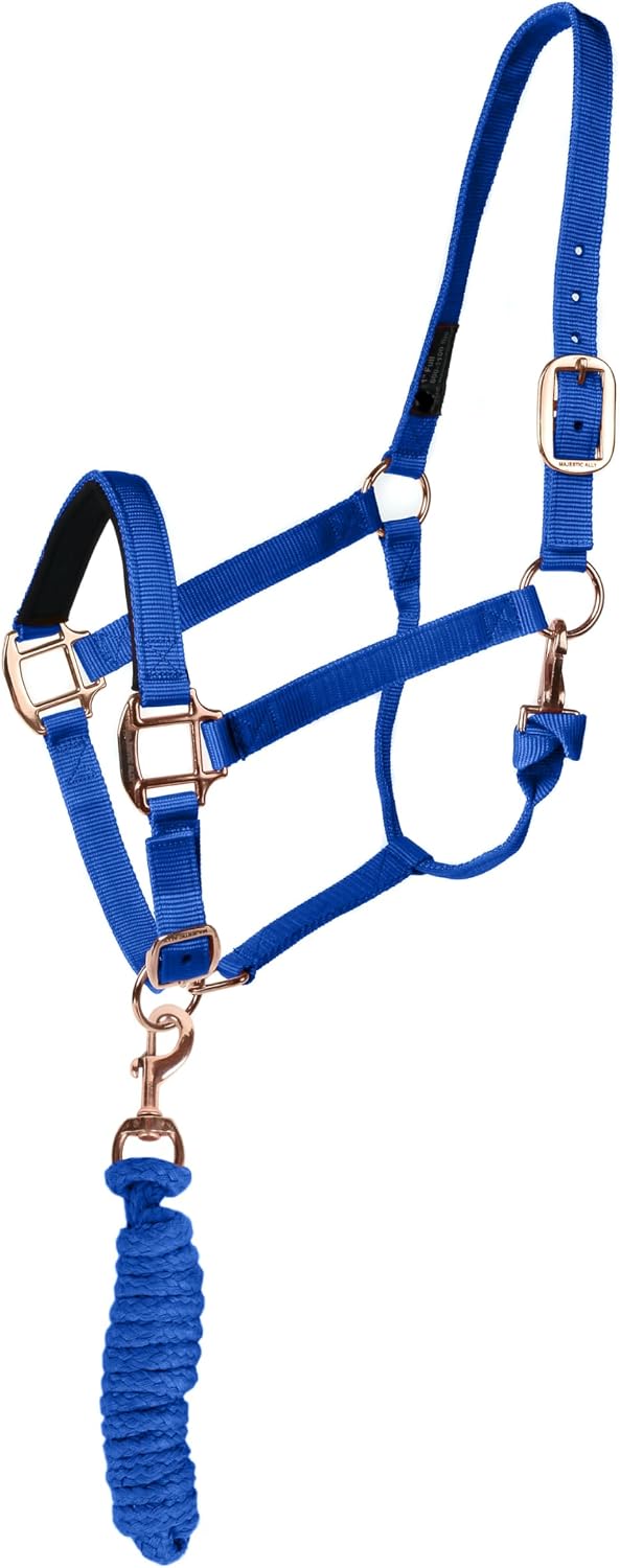 Majestic Ally Halter with Lead Rope for Horses–Adjustable Chin and Crown–Rolled Throat Latch with Replaceable Snap–Padded Noseband–Heavy Duty Rose Gold Finish Hardware - Image 2