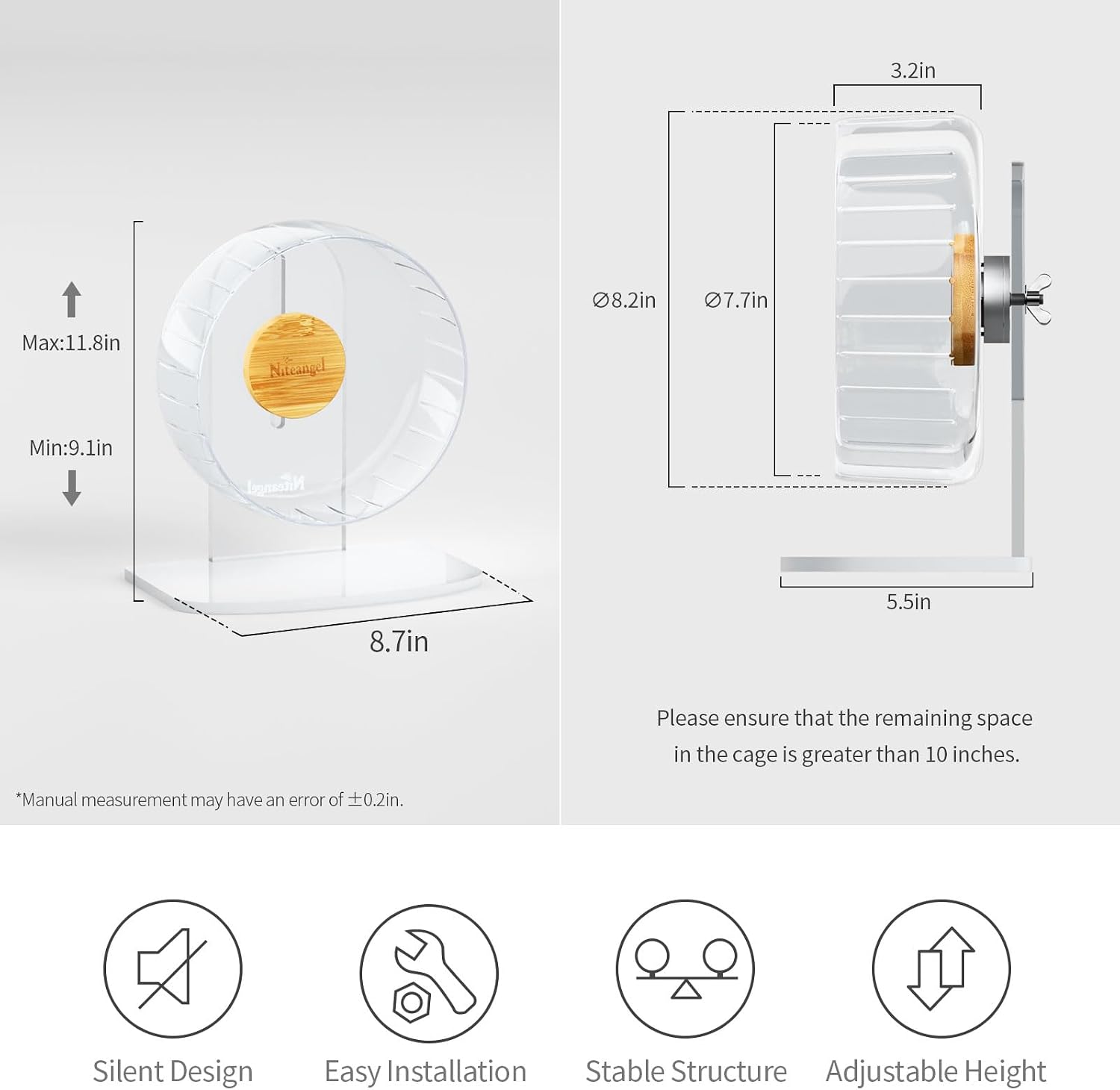 Niteangel Super-Silent Hamster Exercise Wheels: - Quiet Spinner Hamster Running Wheels with Adjustable Stand for Hamsters Gerbils Mice Or Other Small Animals (S, Transparent) - Image 2