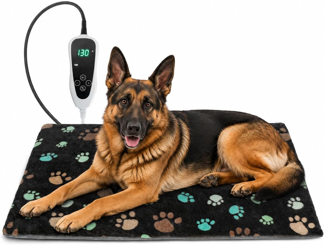 GOLOPET Large Dog Heating Pad 36x24 in with Smart Thermostat Switch and Power Line Protection Tube,Obtained MET and UL Dual Certification,Waterproof Pet Heating Pad for Dogs,with Plush Fabric Cover