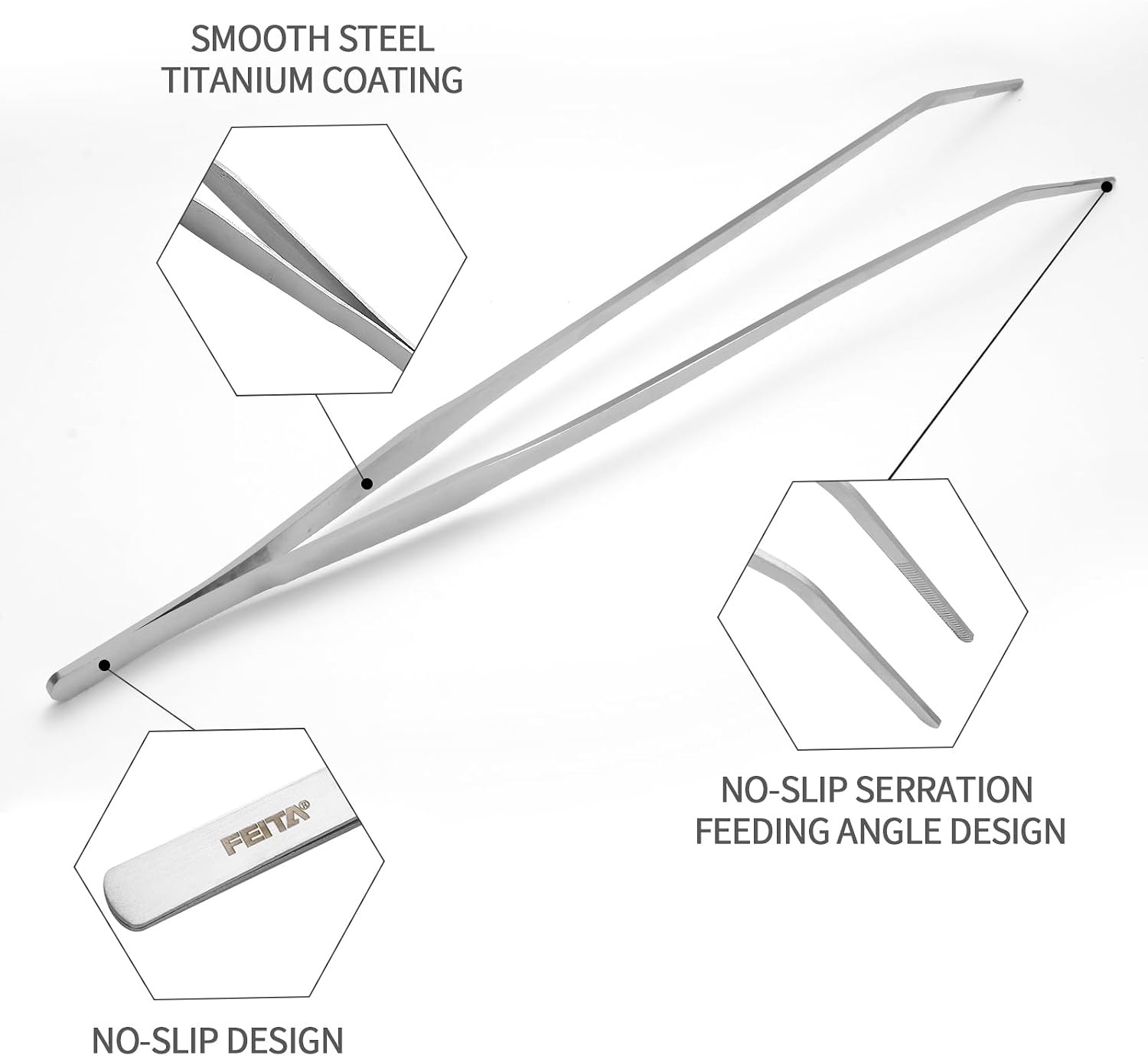 Aquarium Tweezers Extra Long 15 inches Feed Tong clamps - FEITA Straight and Curved Stainless Steel 38cm Tweezers Set for Fish Tank Plants Aquascape Tools & Reptile Feeding Tongs - Sliver 2Pcs - Image 5