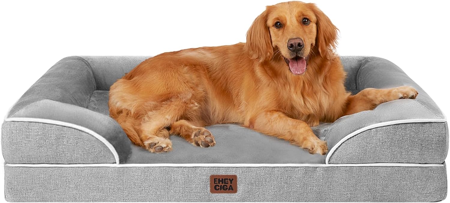 EHEYCIGA Orthopedic Dog Beds for Extra Large Dogs 44x32Inch, Polyurethane Foam XL Pet Bed with Sides, Non-Slip and Egg-Crate Foam Big Dog Couch Bed with Washable Removable Cover, Grey