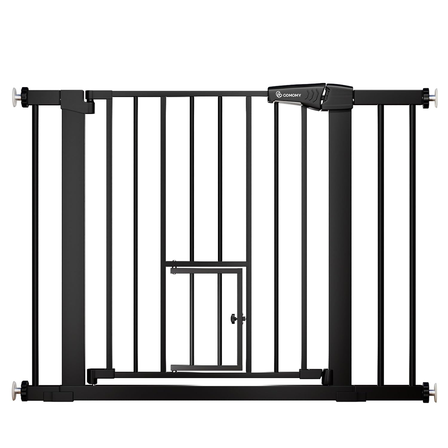 COMOMY Auto Close Pet Gate with Cat Door, 29.5"-40.5" Dog Gate for House Doorways Stairs, Pressure Mounted Easy Walk Thru Safety Gate, Includes 4 Wall Cups and 2 Extension Pieces, Black