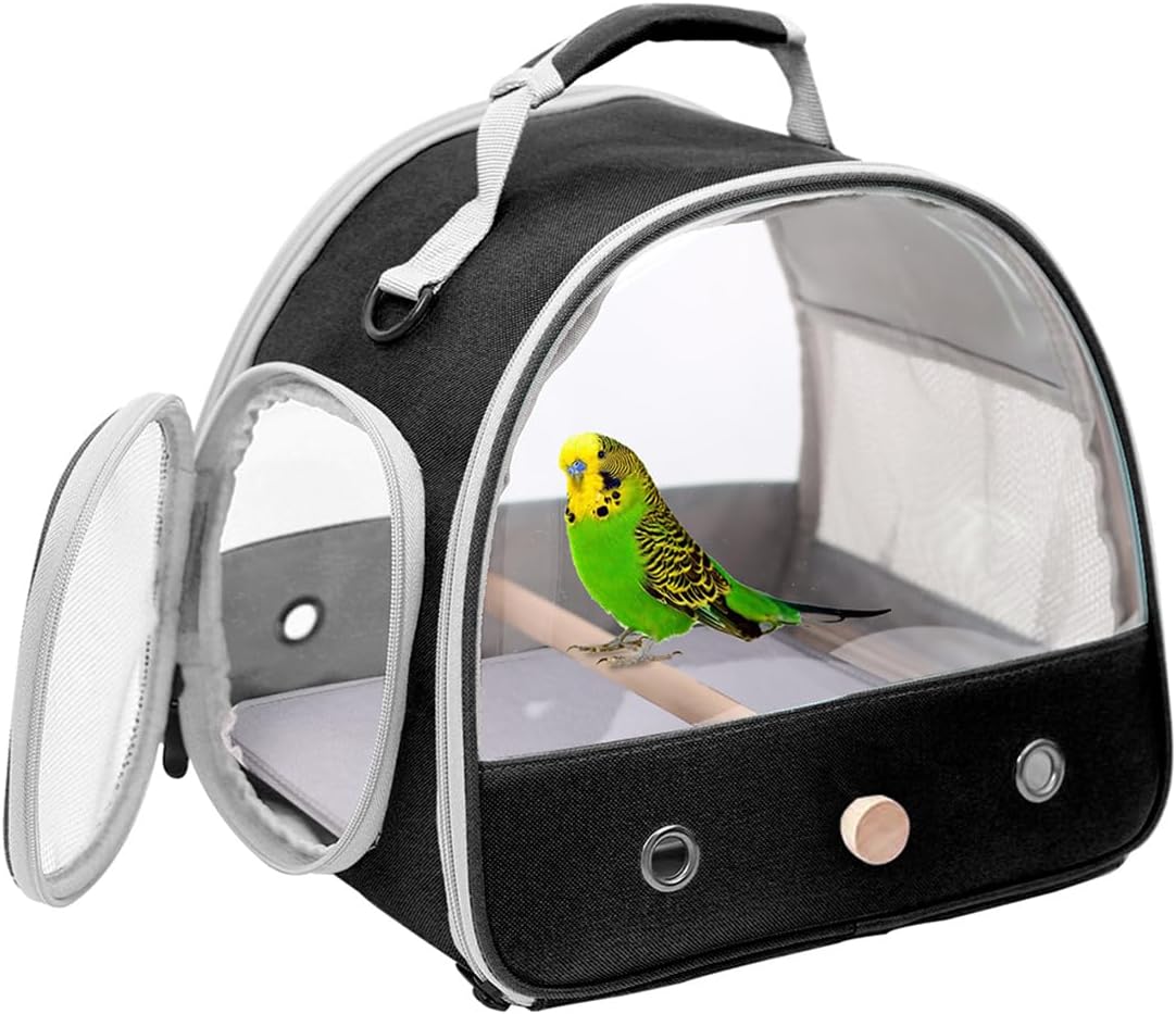 Bird Carrier, Portable Small Bird Parrot Parakeet Carrier with Standing Perch and Stainless Steel Tray, Side Access Window Collapsible (Black, Clear Windows)