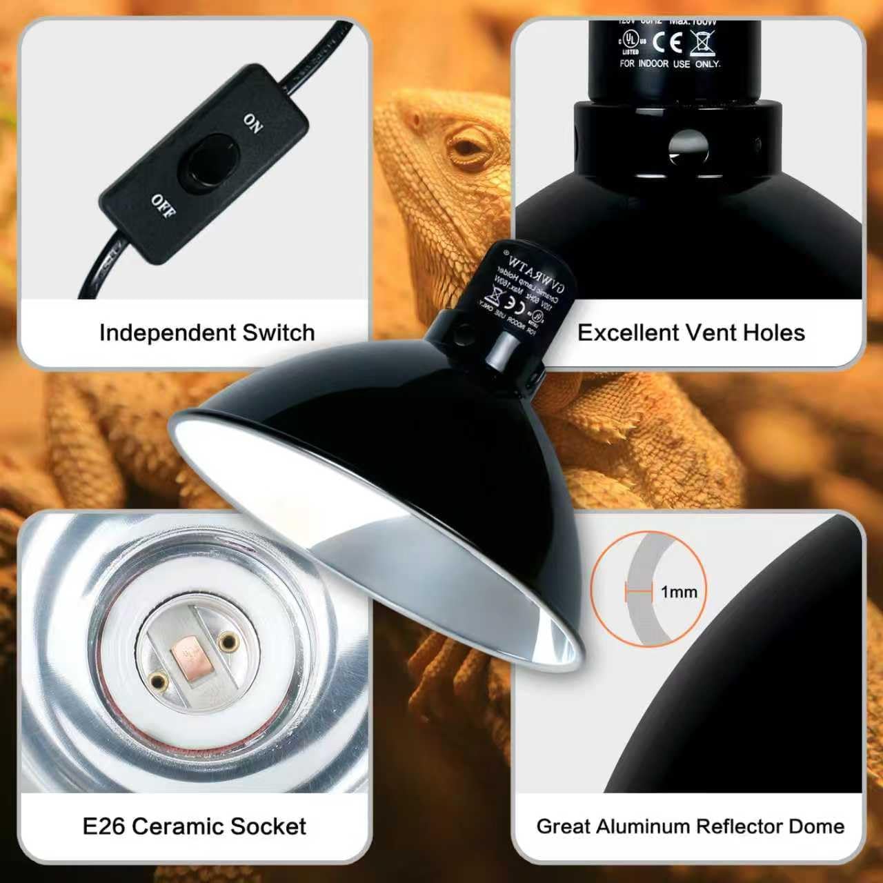 8.5-inch Standard Lamp Dome for Reptile Heating Lamps, Ceramic Heat Emitters, Max 200W for Bearded Dragons, Turtles, Snakes and Lizards, E26 Base - Image 4