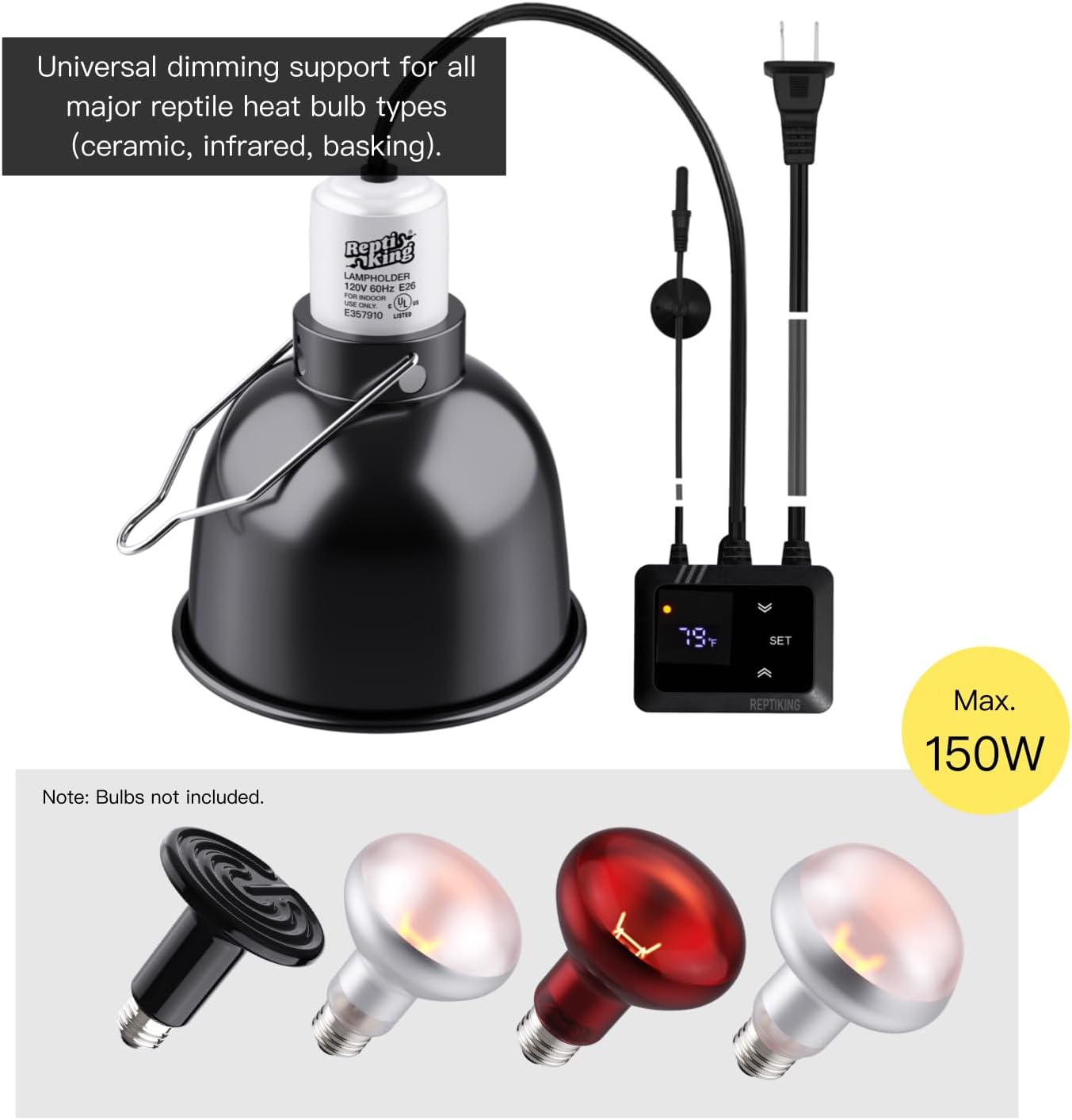 Reptile Heat Lamp Fixture with Dimming Thermostat - 5.5'' Light Dome with PID Thermostat, for Ceramic Heat Emitter & Basking Light Bulb, for Bearded Dragon, Snake, Tortoise, Lizard Tank Accessories - Image 4