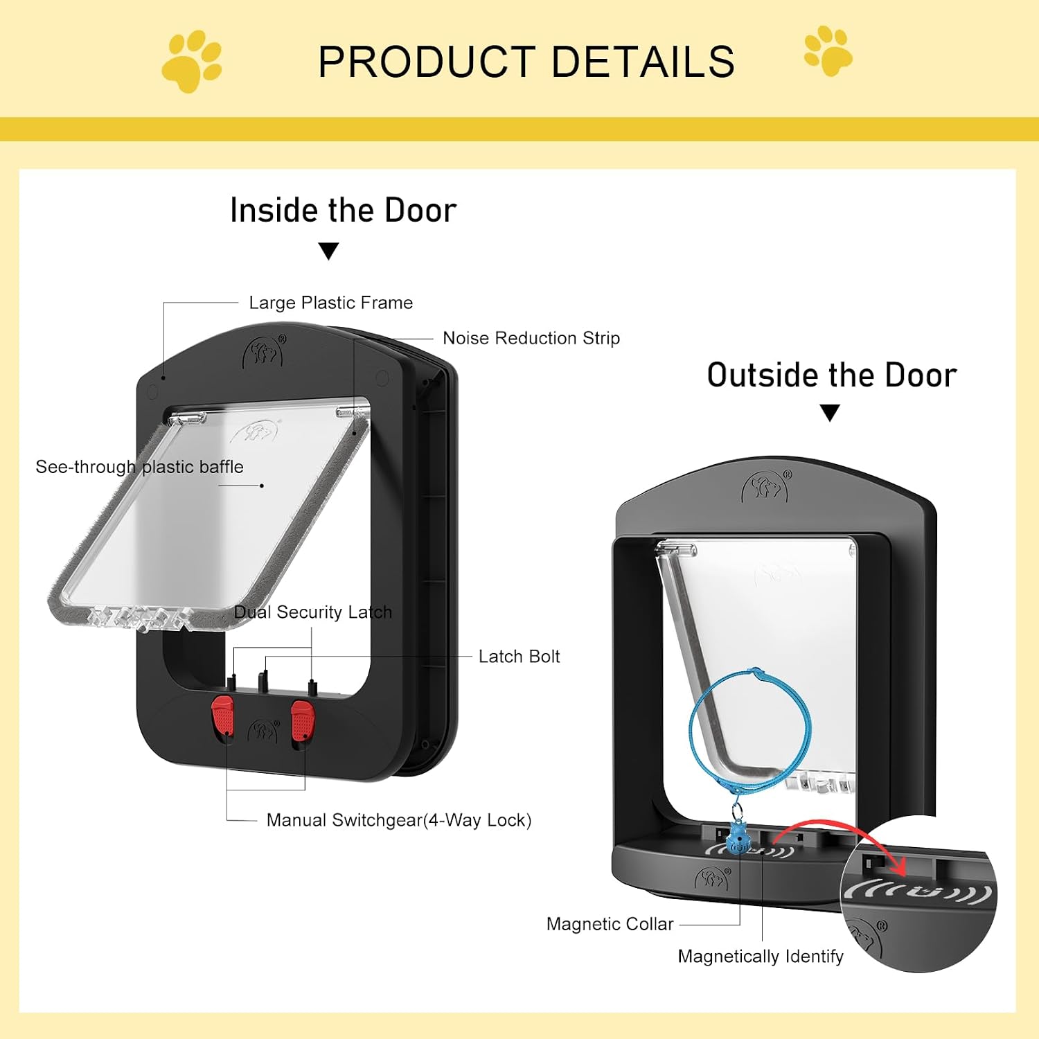 Cat Door for Interior Door and Exterior Door, Pet Door with Collar Sensor and 2pcs of Cat Magnetic Collars, 4 Way Locking Cat Door with Magnetic Flap, Black - Image 7