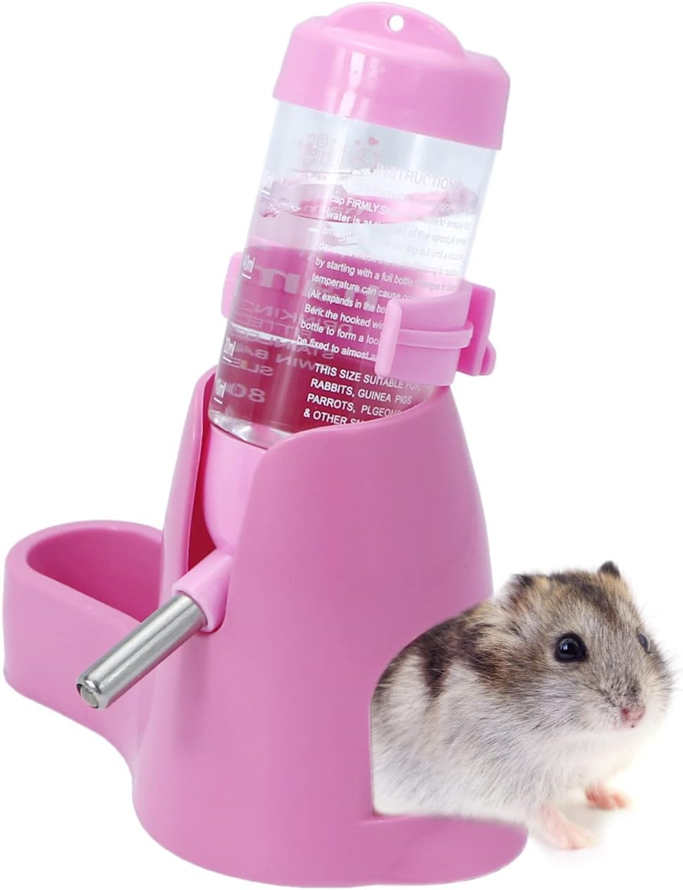 3 in 1 Hamster Hanging Water Bottle Pet Auto Dispenser with Base for Dwarf Hamster Mouse Rat Hedgehog (80ML, Pink) - Image 5