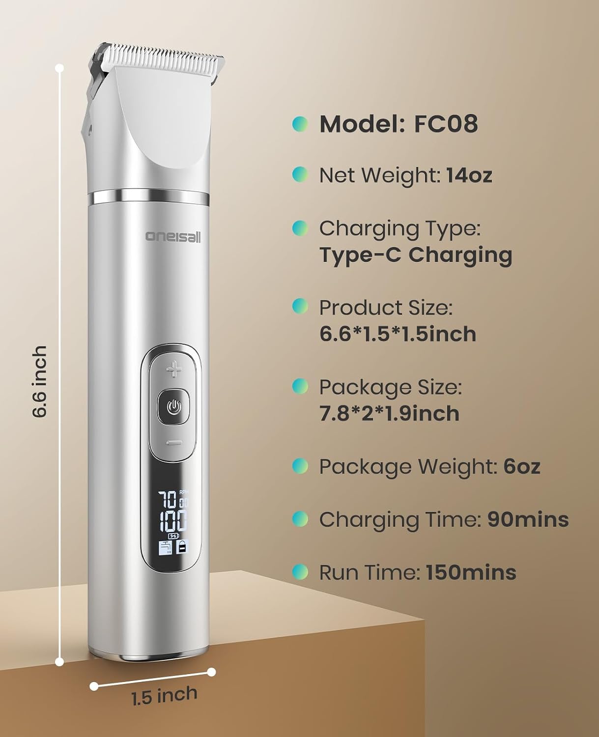 oneisall 4 in 1 Dog Grooming Kit with LCD Display, Dog Hair Trimmer for Paw Nail Grinder, Rechargeable Cordless Low Noise IPX7 Waterproof Pet Clippers - Image 9